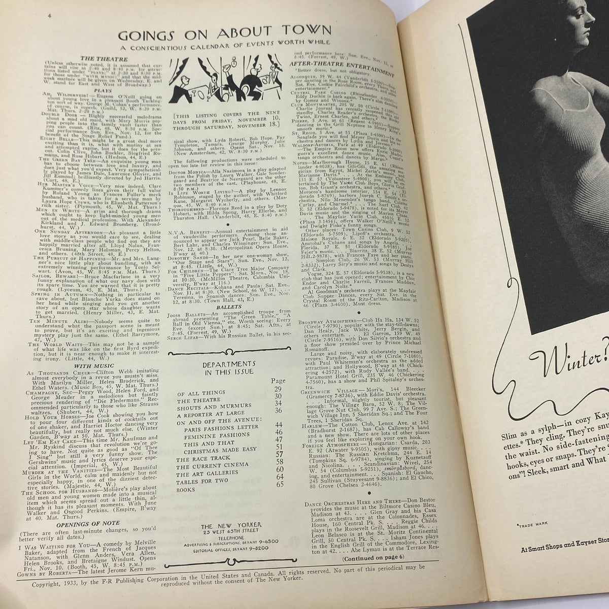 Interior page from The New Yorker magazine issue dated November 11, 1933, featuring the 'Goings On About Town' section with event listings and theatrical performances.