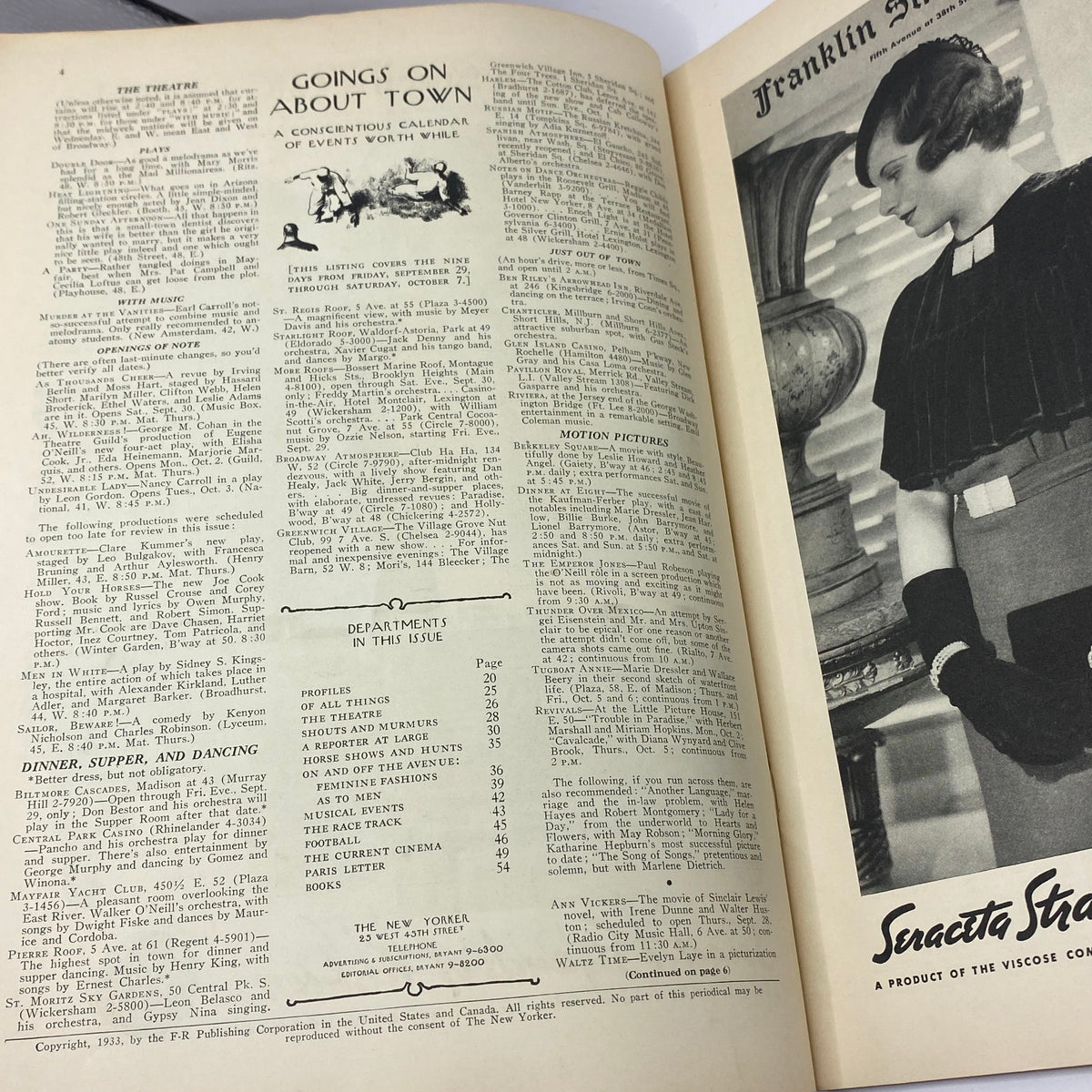 Interior pages of The New Yorker magazine, September 30, 1933, displaying the calendar of events, theatre listings, and content departments, featuring the title of the magazine.