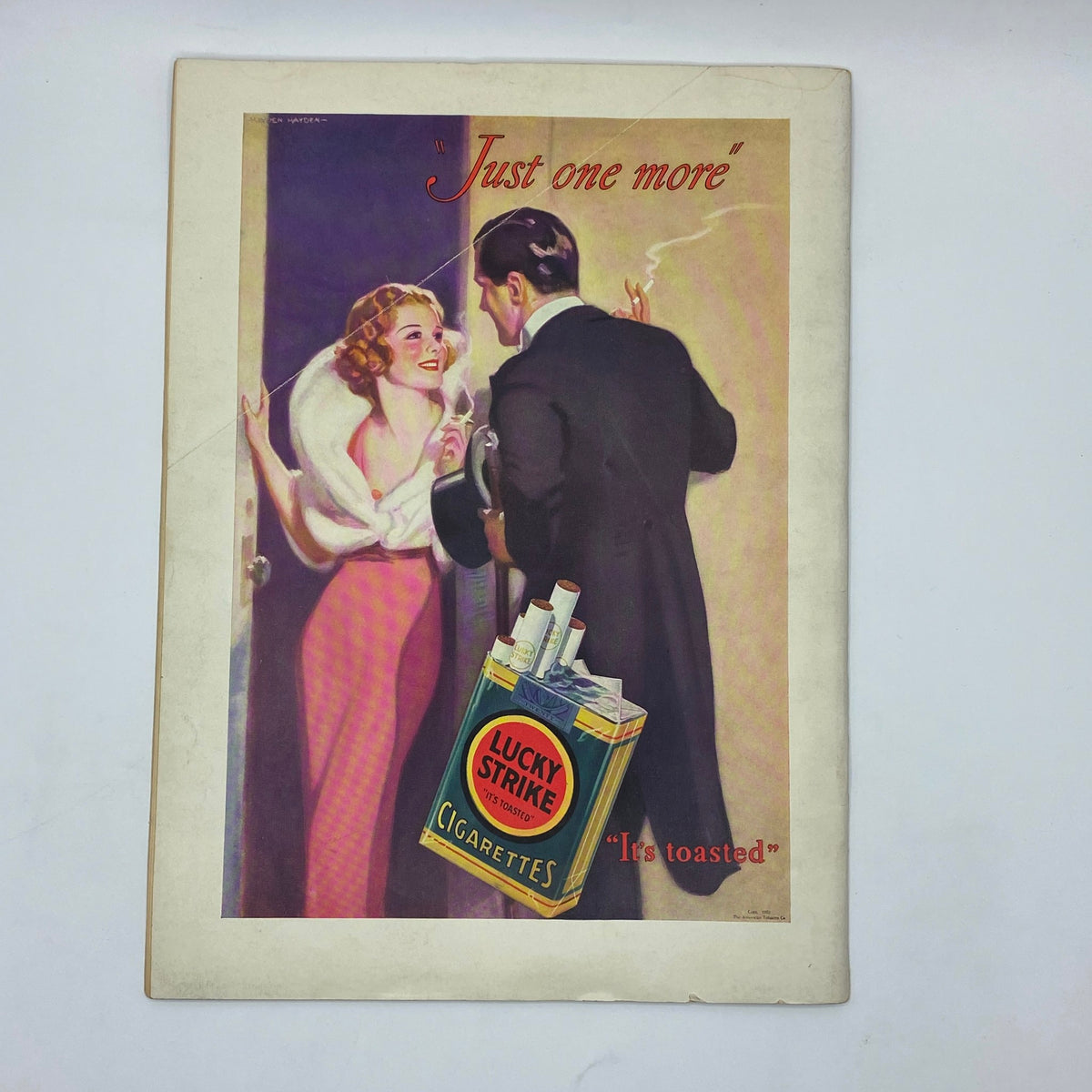 Vintage advertisement illustration for Lucky Strike cigarettes in The New Yorker magazine, September 30, 1933, featuring a stylish couple with the tagline 'It's toasted', embodying the art deco aesthetic of the era.