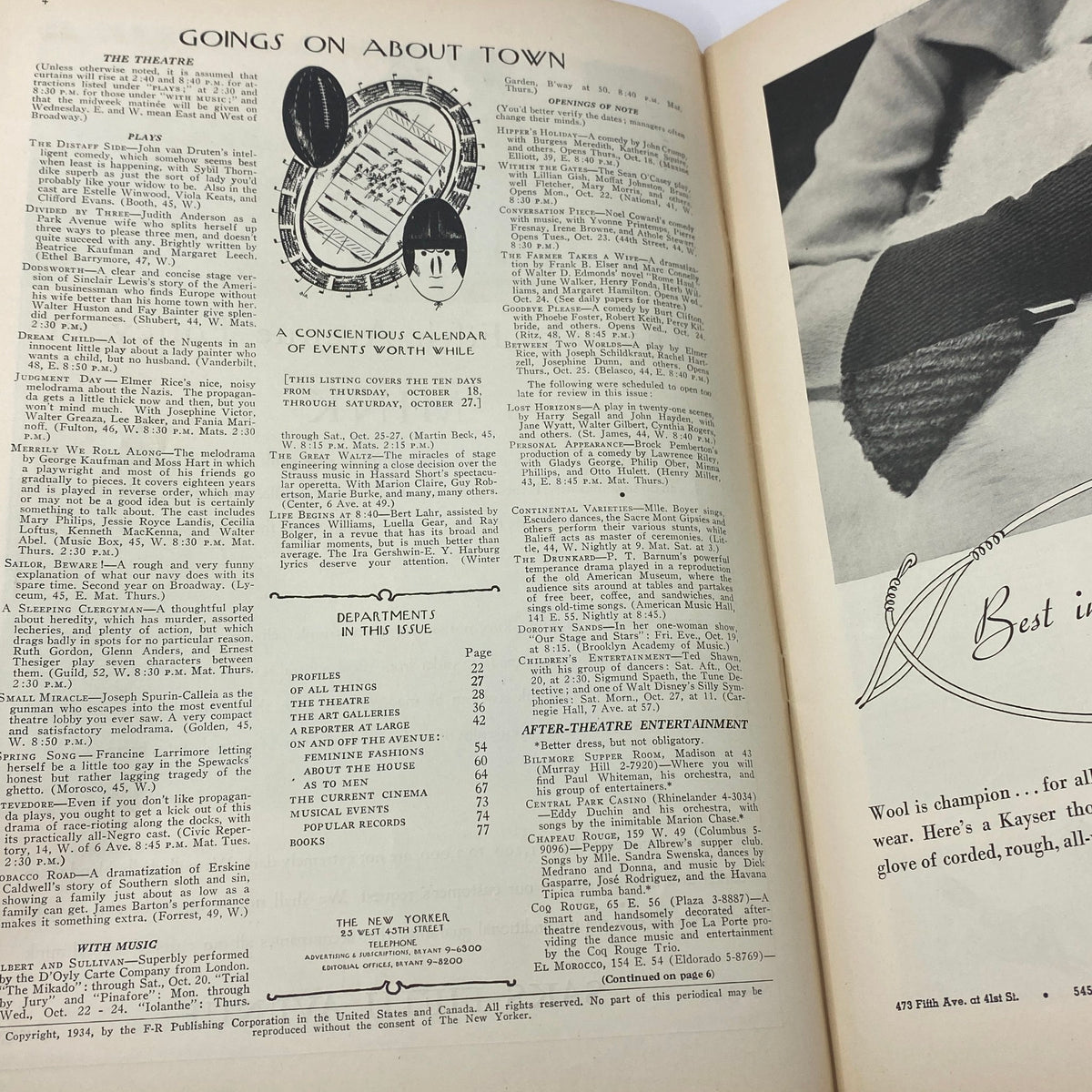 Goings On About Town section from The New Yorker Complete Magazine October 20, 1934 featuring event listings and departments, showcasing vintage magazine content.