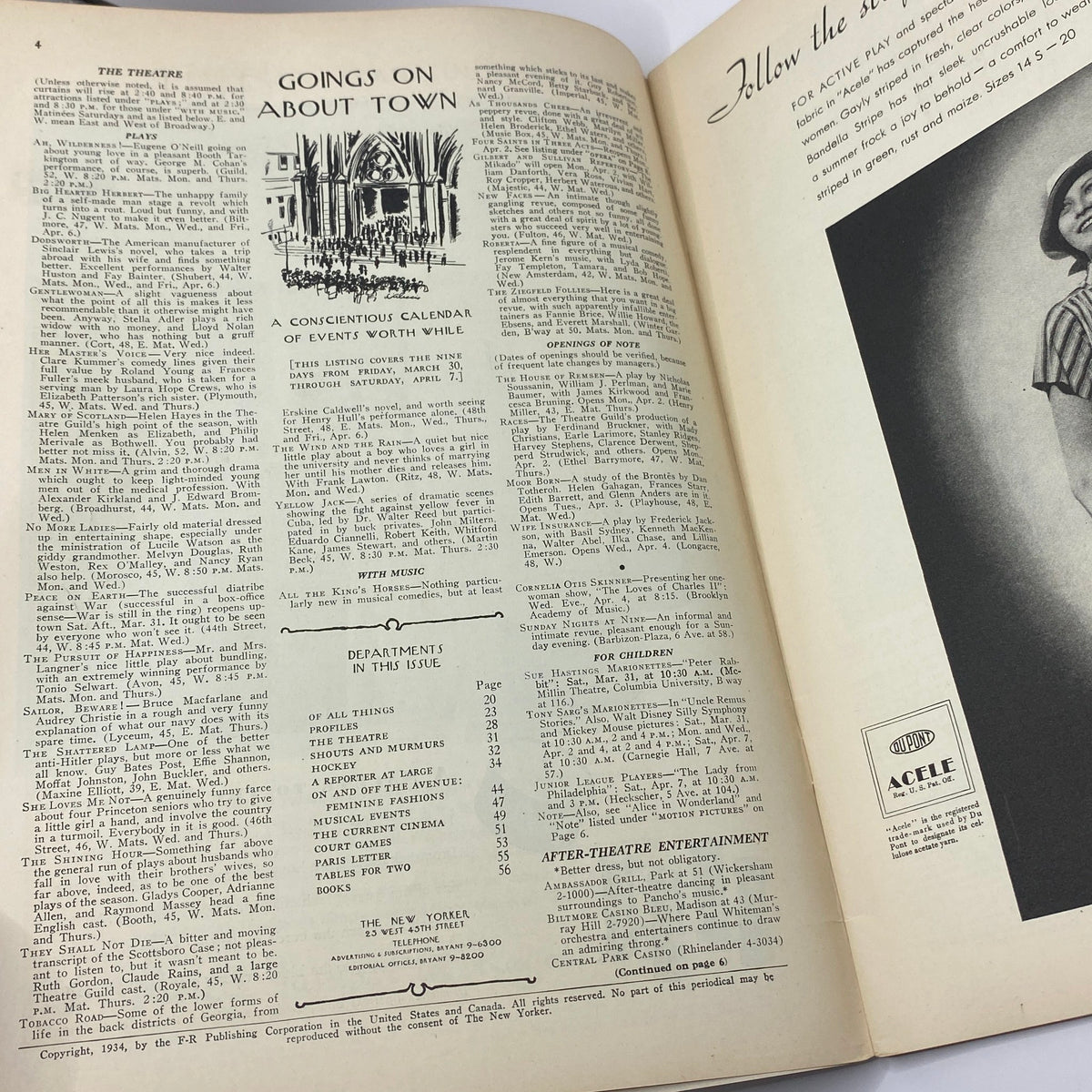 Interior pages of The New Yorker Complete Magazine March 31, 1934 featuring the section 'Goings On About Town' with listings of events.