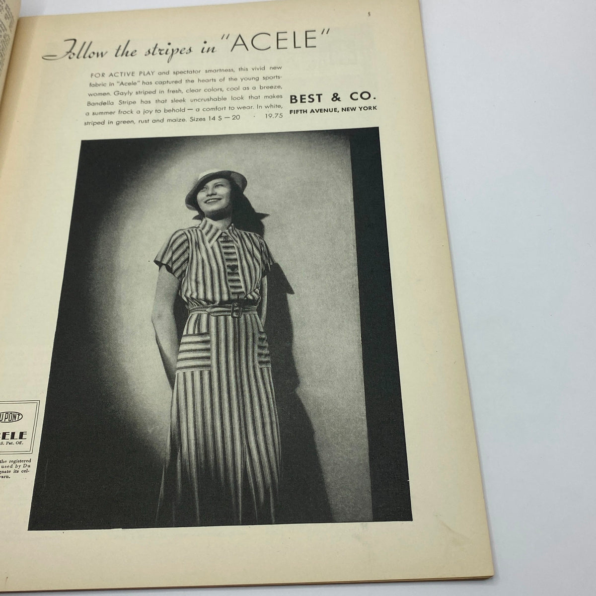Page from The New Yorker Complete Magazine March 31, 1934 showcasing a fashion advertisement for 'Acele', highlighting a striped dress.