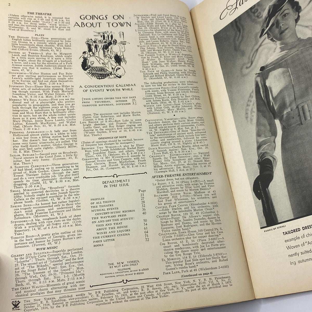Inside page of The New Yorker magazine, October 27, 1934, featuring a calendar of events and theater listings, with elegant vintage typography.