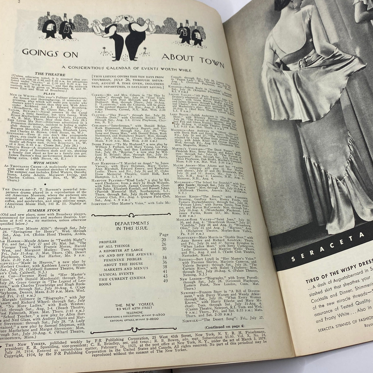 Goings on about town feature in The New Yorker Complete Magazine July 28, 1934, showcasing a calendar of events during that time period.