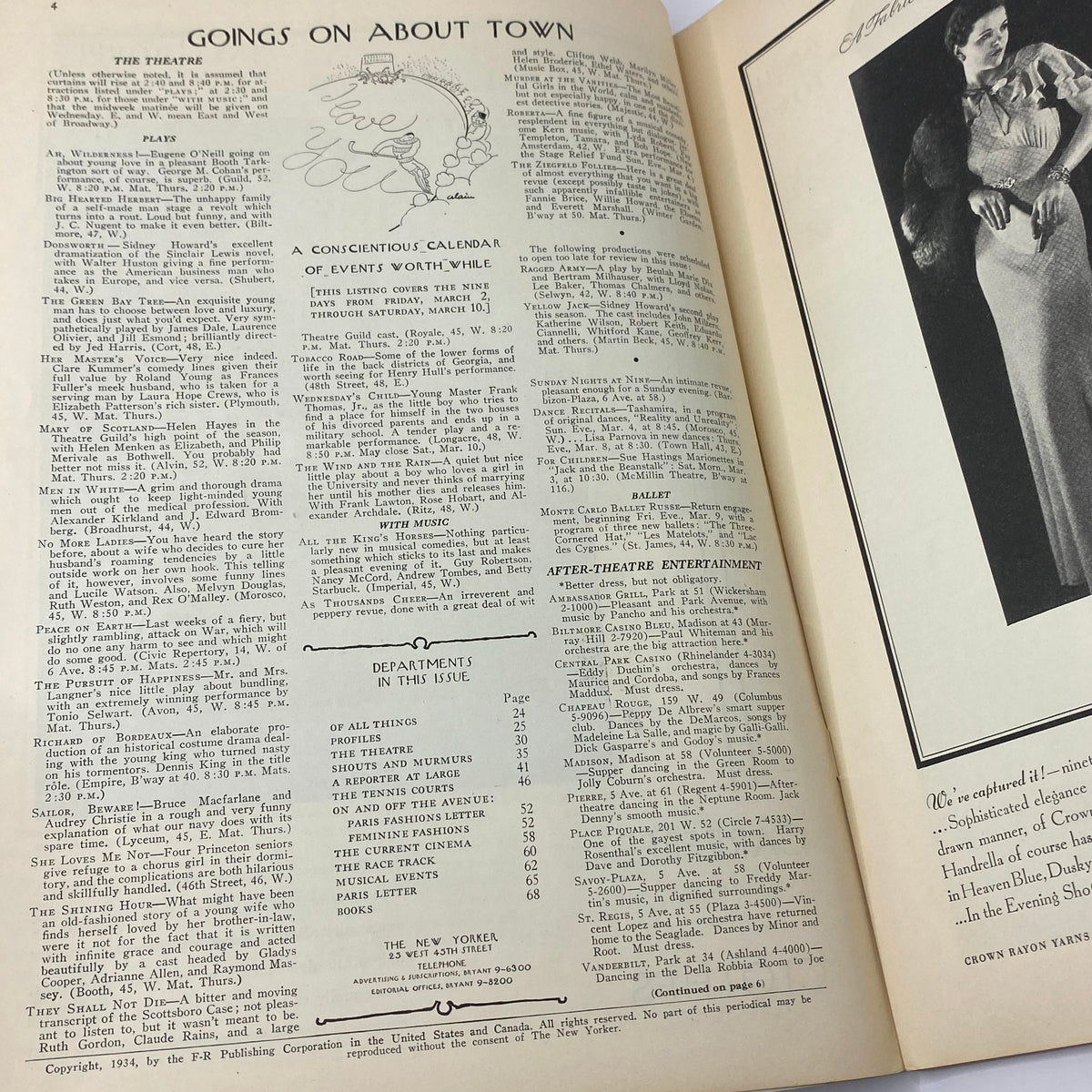 Page from The New Yorker Complete Magazine March 3, 1934 featuring 'Goings On About Town' section with theatrical listings and events schedule.