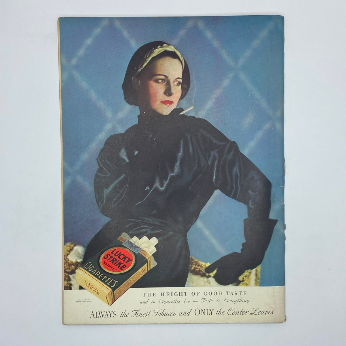 Color advertisement in The New Yorker Complete Magazine March 3, 1934 featuring a woman in stylish attire promoting Lucky Strike cigarettes with the tagline about good taste.