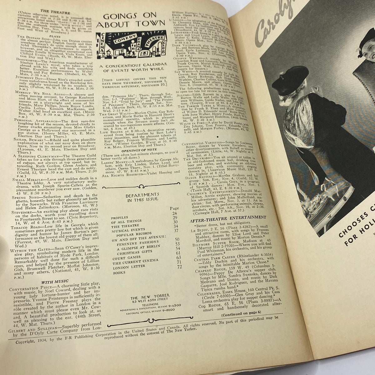 Inside page of The New Yorker magazine from November 3, 1934, featuring a calendar of events, plays, and notable articles. The title and layout reflect the magazine's classic style.