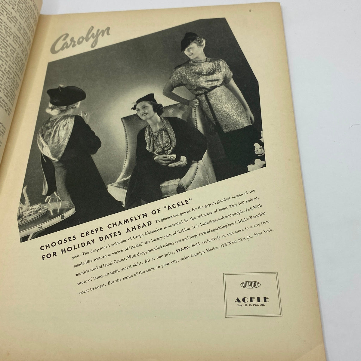 Advertisement page from The New Yorker magazine, November 3, 1934, showcasing women in fashionable attire, promoting a clothing line called 'Acele' for holiday dates.