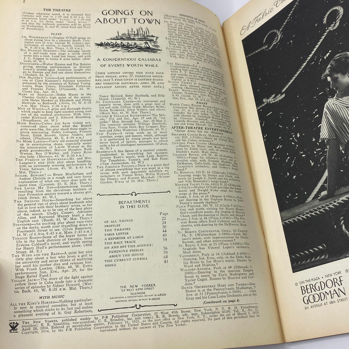 Interior page of The New Yorker magazine from April 28, 1934 featuring the section 'Goings On About Town' with listings and events, part of the issue showcasing Ilonka Karasz's cover.
