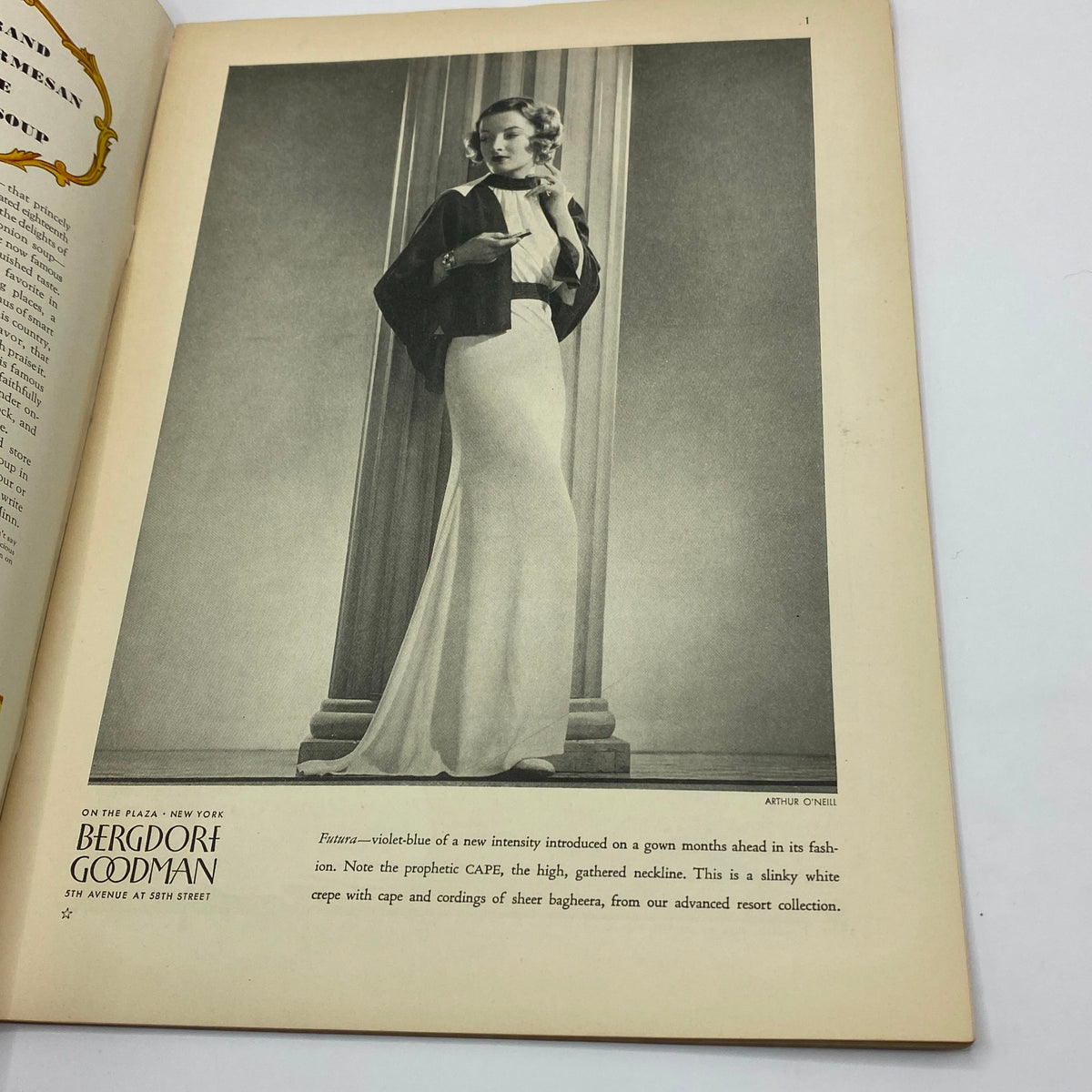 Fashion advertisement in The New Yorker Complete Magazine December 29, 1934, showcasing a model in a stylish gown from Bergdorf Goodman, highlighting vintage 1930s fashion trends.