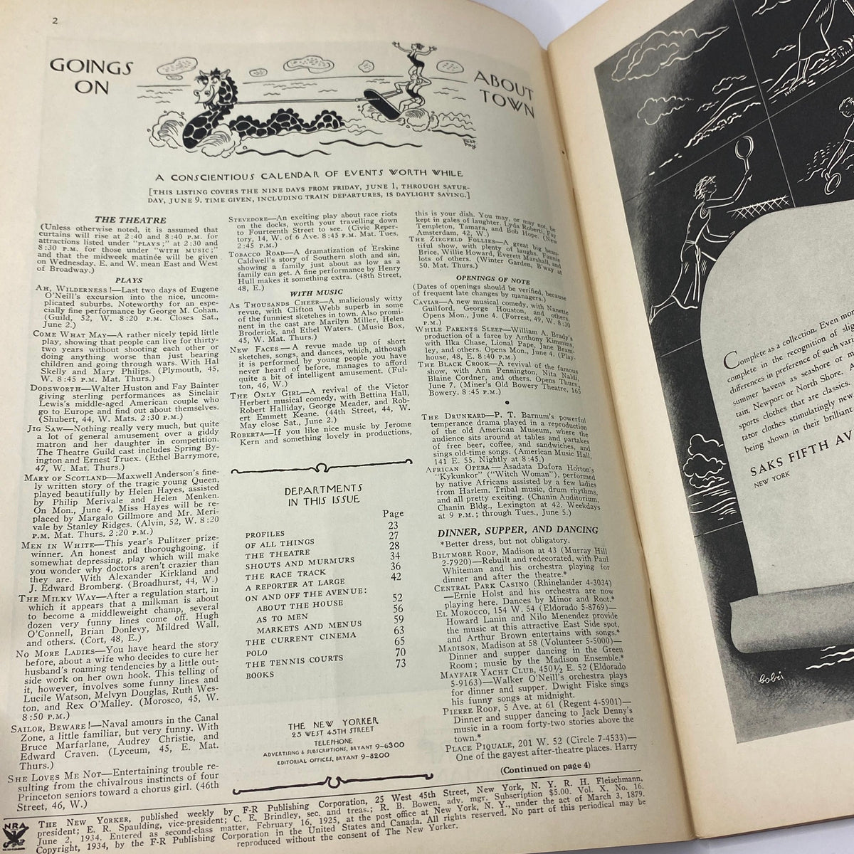 The New Yorker Complete Magazine June 2, 1934 featuring a detailed calendar of events under 'Goings On About Town' showcasing entertainment options from the era.