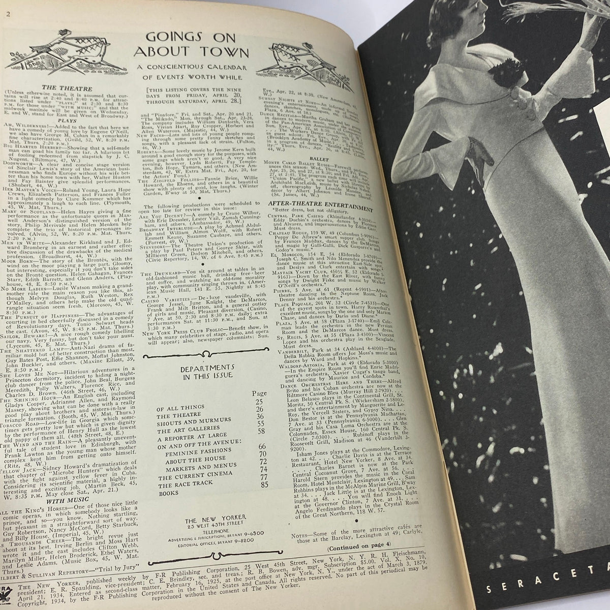 Interior page from The New Yorker Complete Magazine April 21, 1934 showcasing Goings On About Town, with listings for theatre events and departments in the issue.