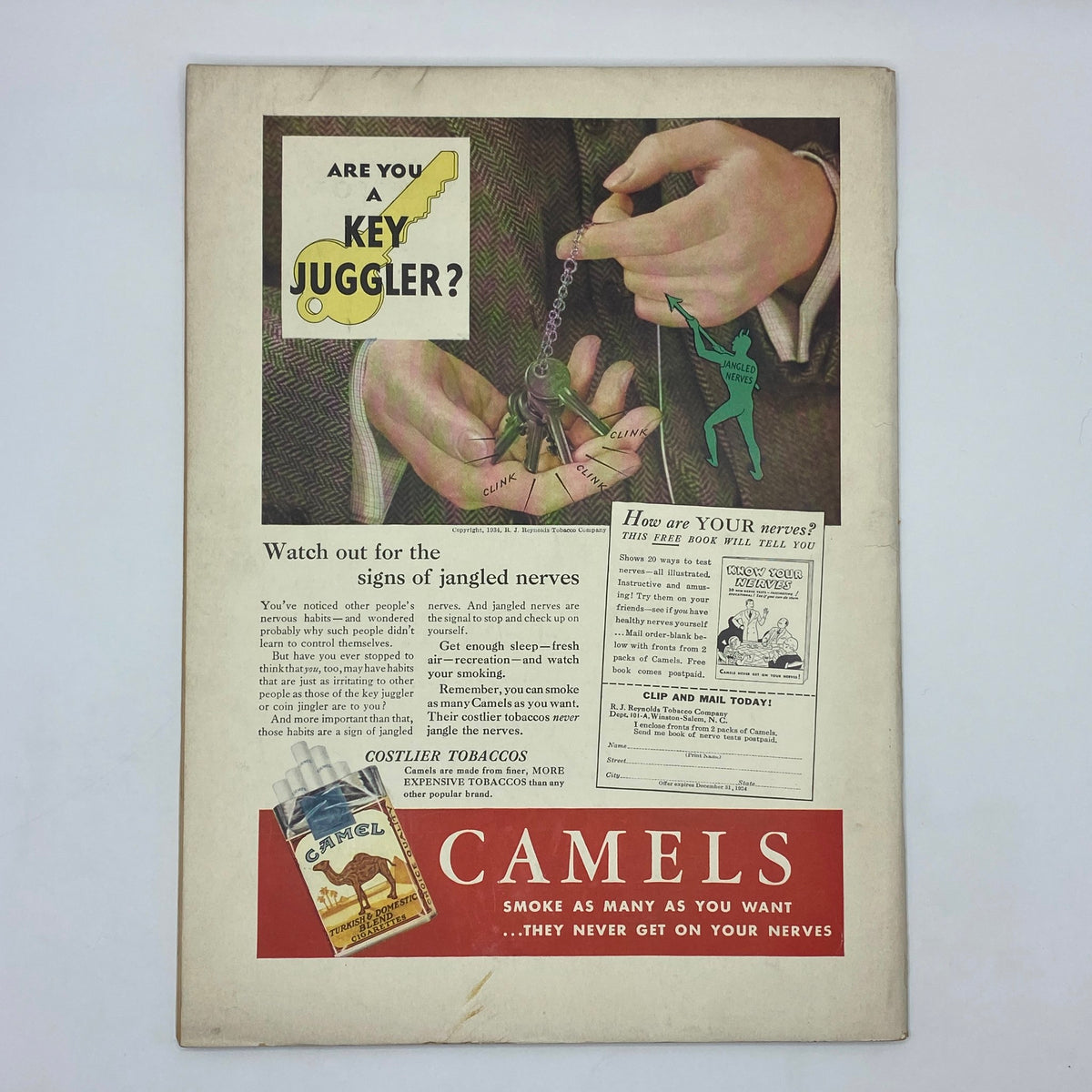Vintage advertisement from The New Yorker Complete Magazine April 21, 1934 promoting Camel cigarettes, featuring colorful illustrations and text on managing nerves.