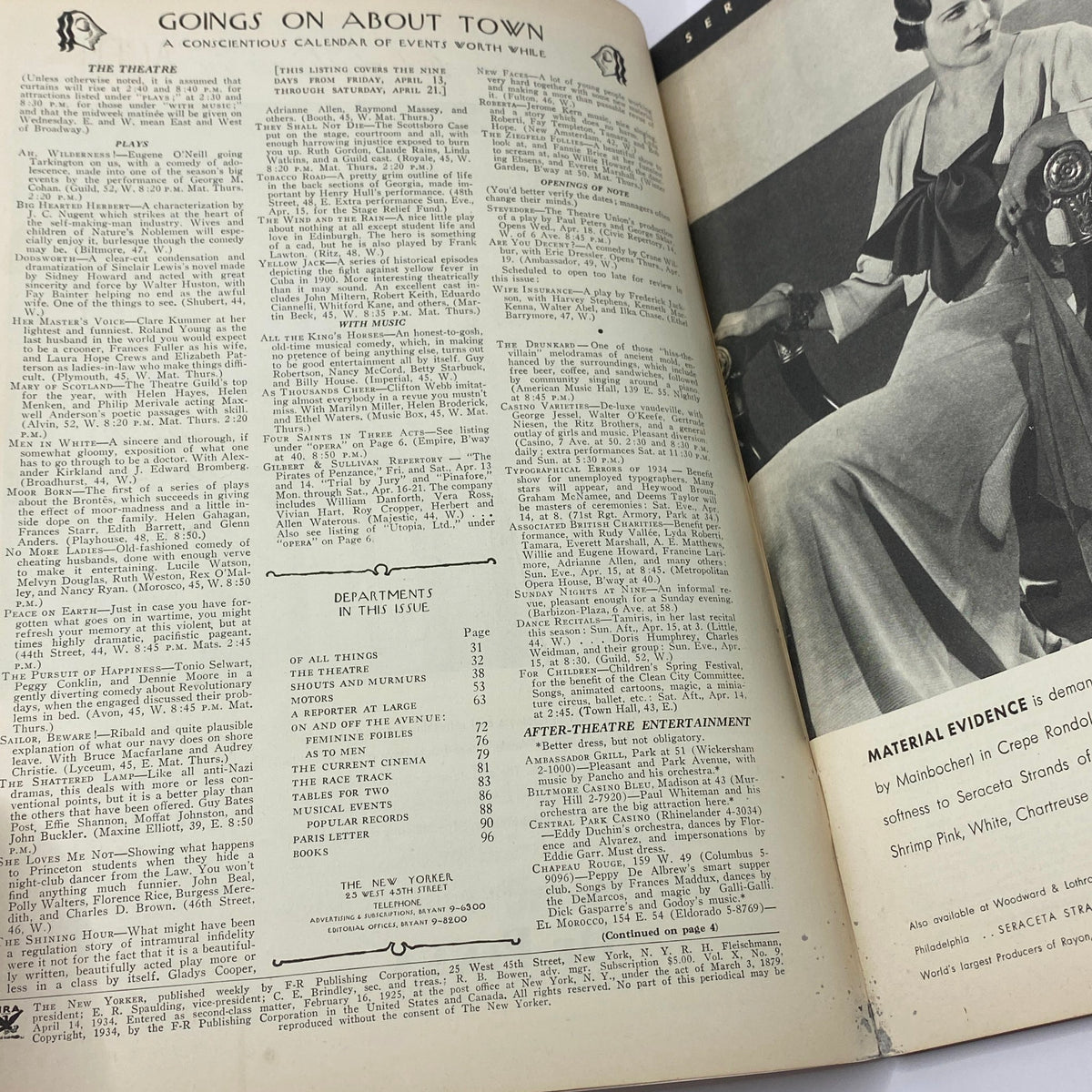 Interior page of The New Yorker magazine April 14, 1934, featuring 'Goings On About Town' section with an overview of theatrical events and additional information from the vintage periodical.