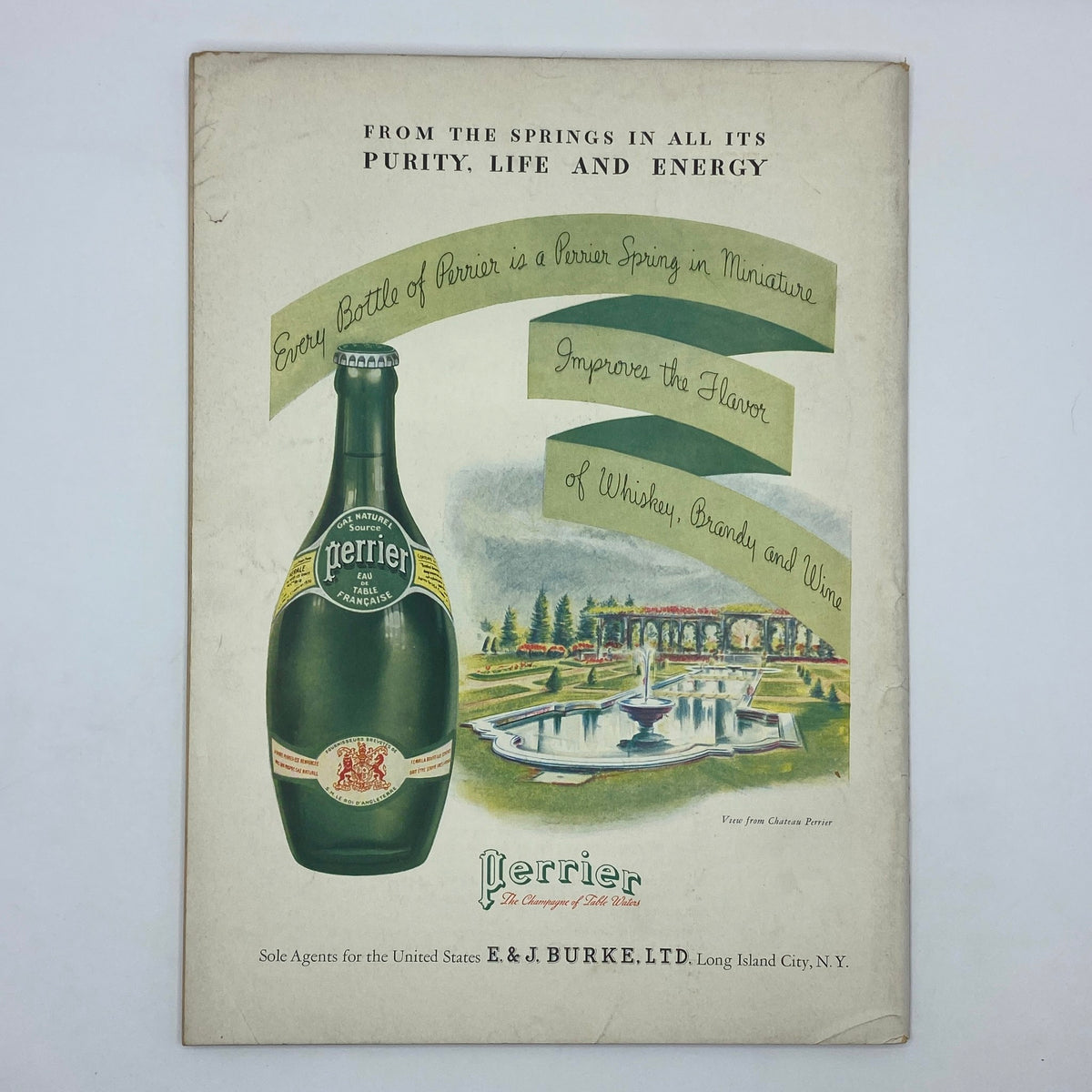 Vintage advertisement featuring a Perrier bottle and a picturesque spring garden, promoting the pure qualities of Perrier water. From The New Yorker Complete Magazine April 14, 1934 Harry Brown Cover.
