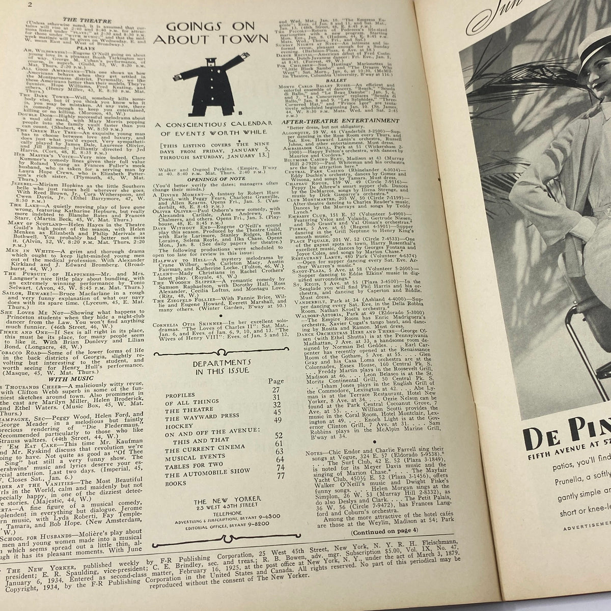 Interior page of The New Yorker magazine dated January 6, 1934, featuring events calendar and listings, showcasing the magazine's vintage design and layout.
