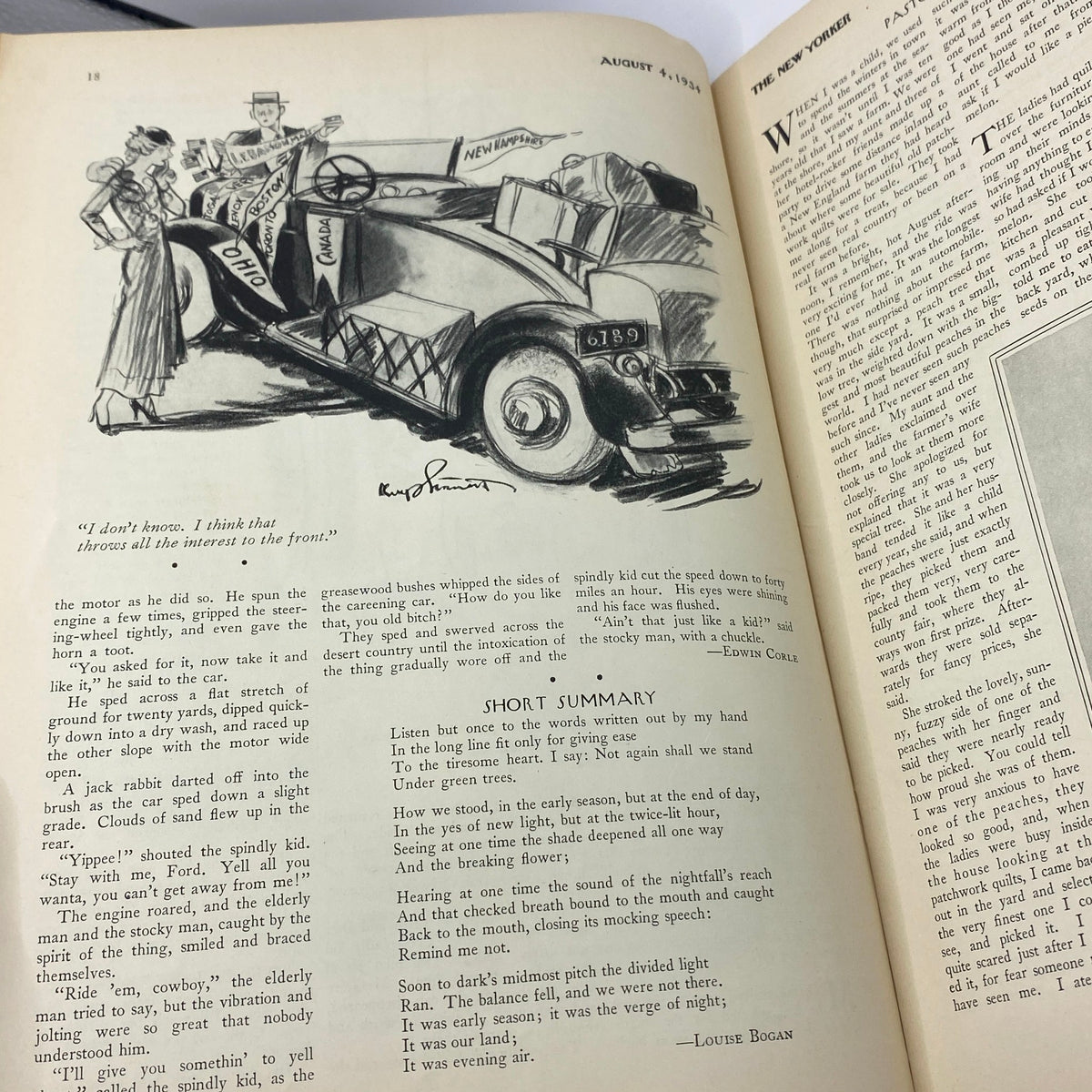Illustrated page from The New Yorker Complete Magazine August 4, 1934 depicting a vintage car scene, showcasing classic art style from the 1930s.