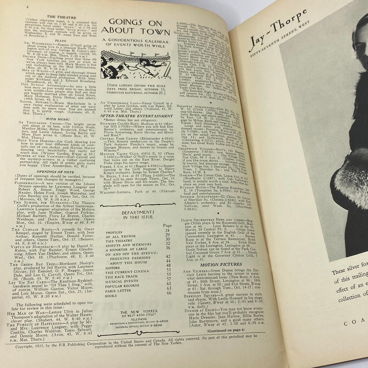 Inside view of The New Yorker Complete Magazine October 14, 1933, showcasing the 'Goings On About Town' section and other magazine features.