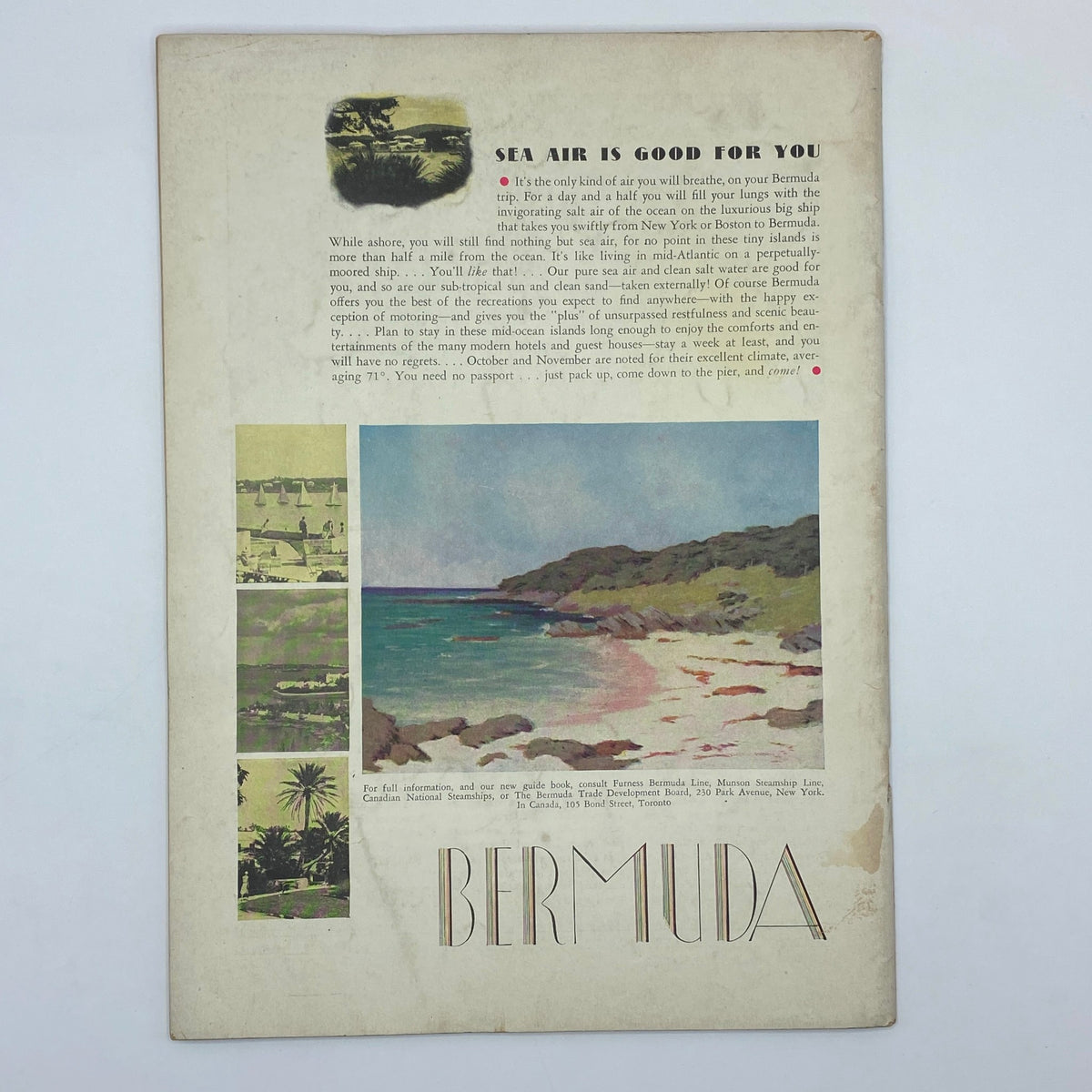 Travel advertisement for Bermuda from The New Yorker Complete Magazine October 14, 1933, highlighting the appeal of sea air and tropical vacations.