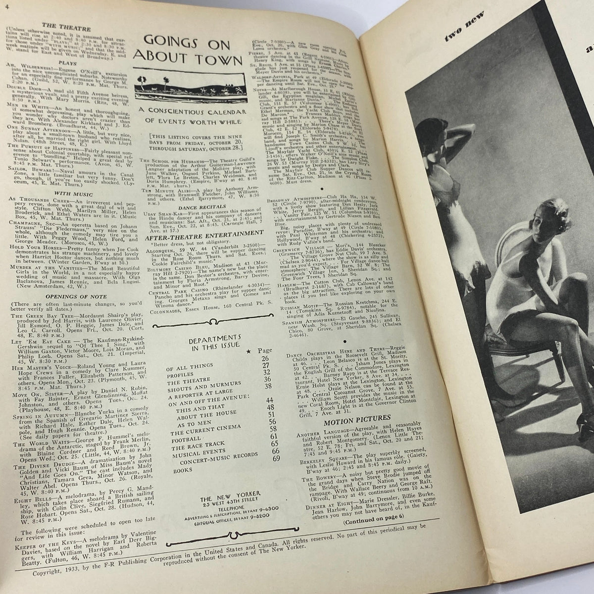 Interior page of The New Yorker magazine from October 21, 1933, featuring 'Goings On About Town' section with a theatrical and entertainment calendar.