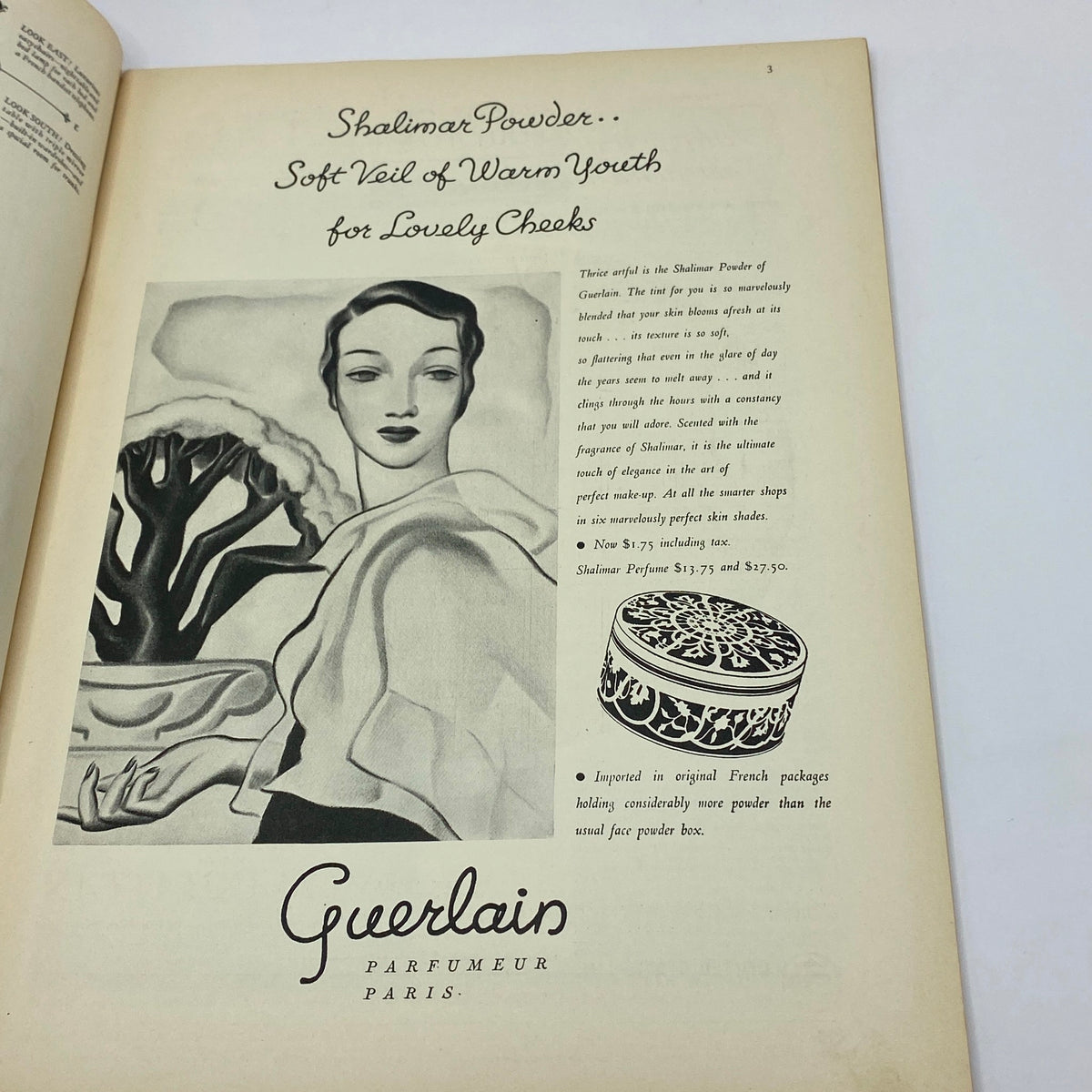 Interior advertisement from The New Yorker magazine dated October 21, 1933, promoting Shalimar Powder by Guerlain, showcasing an elegant illustration of a woman.