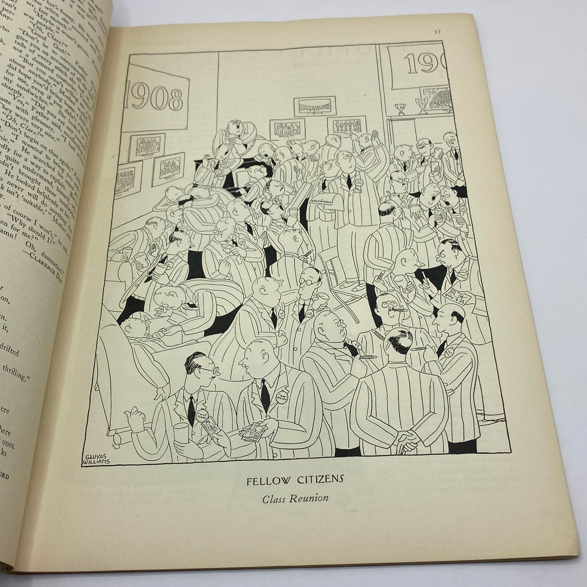 Illustration from The New Yorker complete magazine June 24, 1933, titled 'Fellow Citizens', depicting a humorous reunion scene with a crowd of men in striped suits.