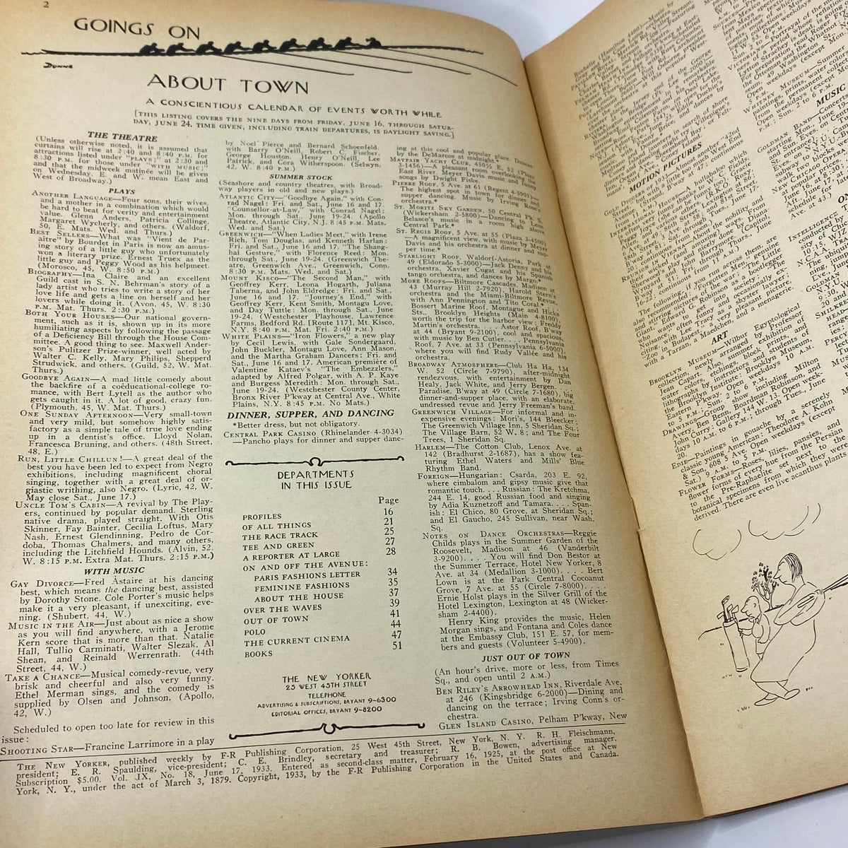 Inside view of The New Yorker Complete Magazine from June 17, 1933, showcasing the 'Goings On About Town' section, highlighting events and cultural happenings of the era.