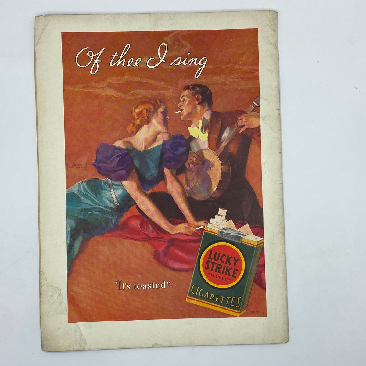 Vintage advertisement from The New Yorker magazine April 1, 1933, highlighting 'Lucky Strike' cigarettes with a colorful illustration of a couple enjoying music, capturing the cultural aesthetics of the time.