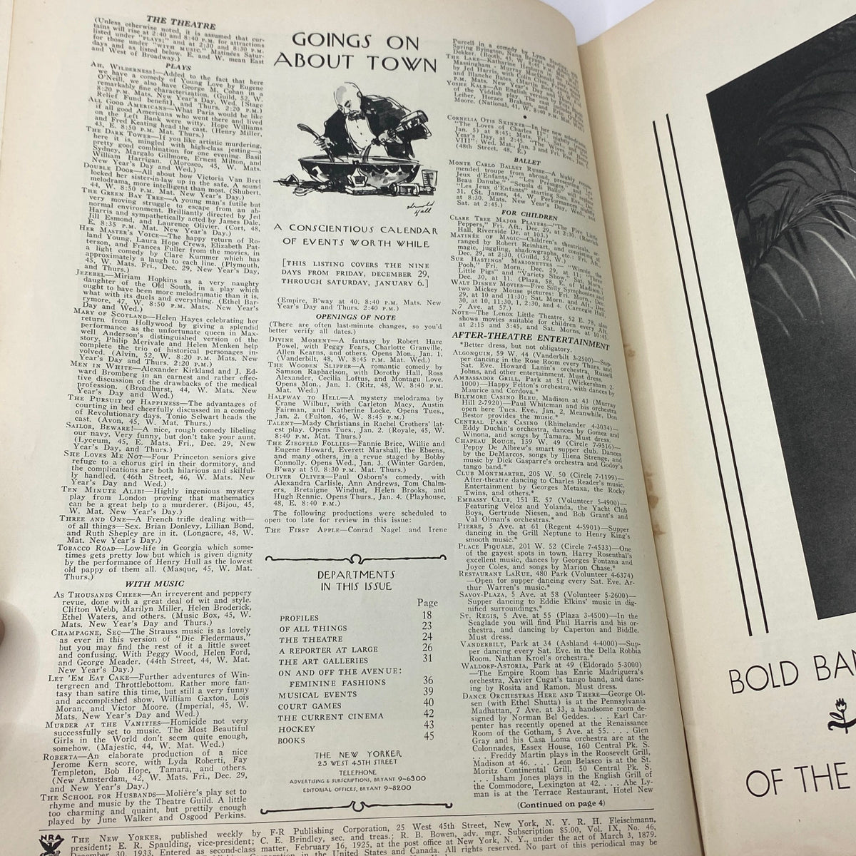 Interior page of The New Yorker magazine featuring the 'Goings On About Town' section, showcasing events and entertainment listings from the December 30, 1933 issue with Rea Irvin cover.