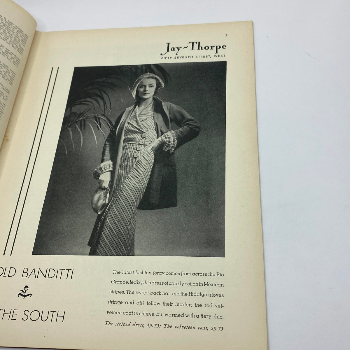 Fashion advertisement from The New Yorker Complete Magazine December 30, 1933 featuring a model in a striped dress and red velveteen coat alongside text promoting the latest fashion trends.