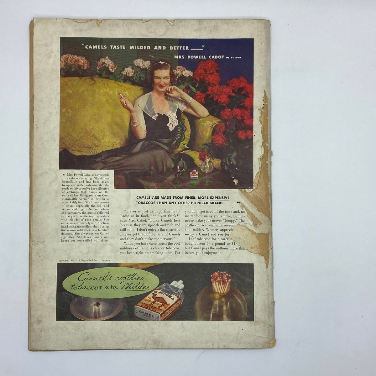 Advertisement for Camels cigarettes in The New Yorker Complete Magazine October 7, 1933, featuring a woman seated elegantly among flowers, promoting the brand's image with a nostalgic appeal.