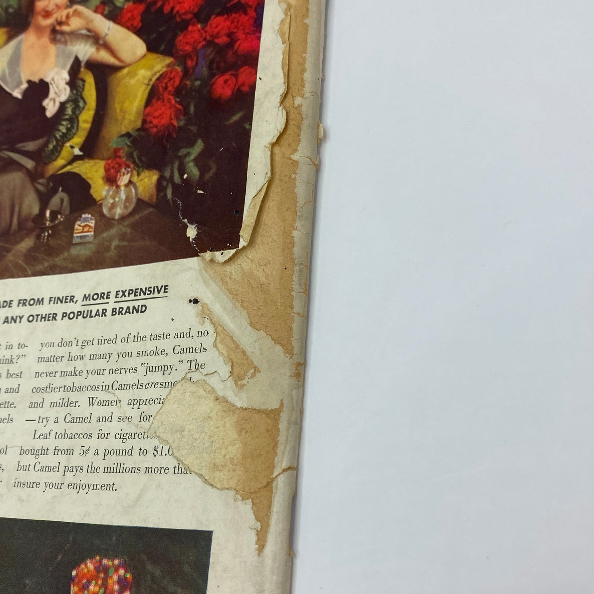 The back cover of The New Yorker Complete Magazine October 7, 1933 featuring a vintage advertisement with a woman surrounded by roses and a description about Camel cigarettes.