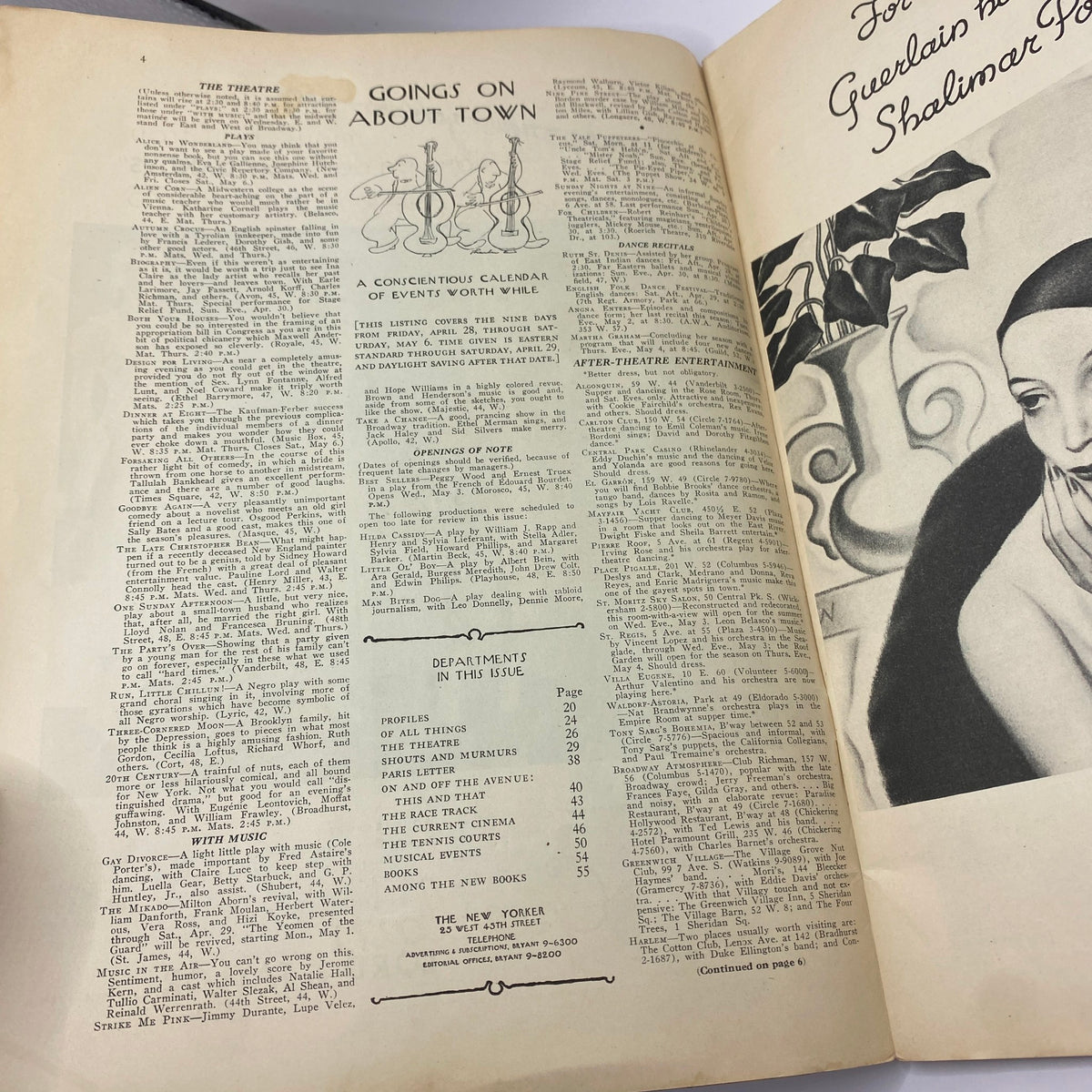 Inside page featuring 'Goings On About Town' section from The New Yorker Complete Magazine April 29, 1933.