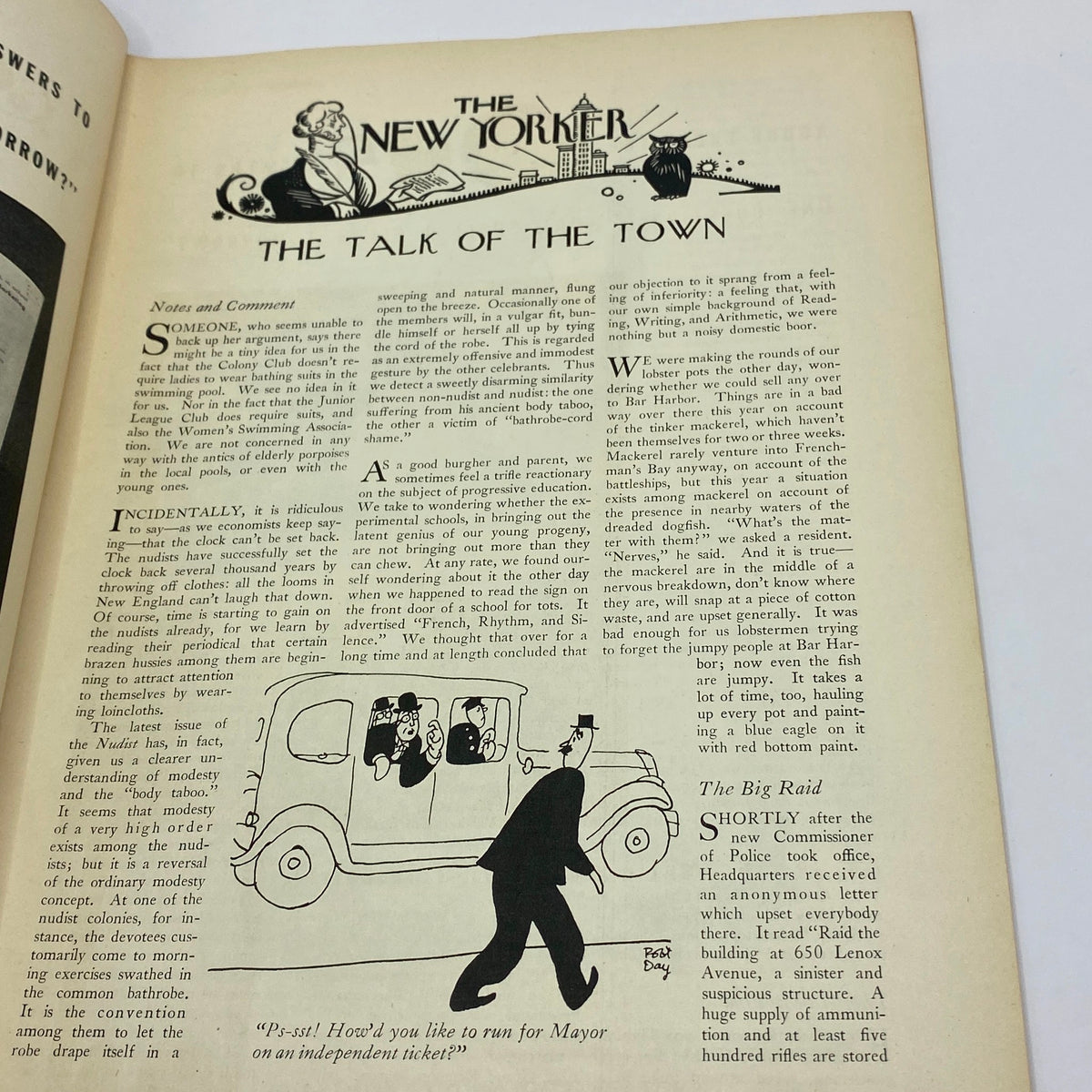 The New Yorker Complete Magazine August 12, 1933 - Interior page showcasing 'The Talk of the Town' section with commentary and cartoon illustration by Peter Day.