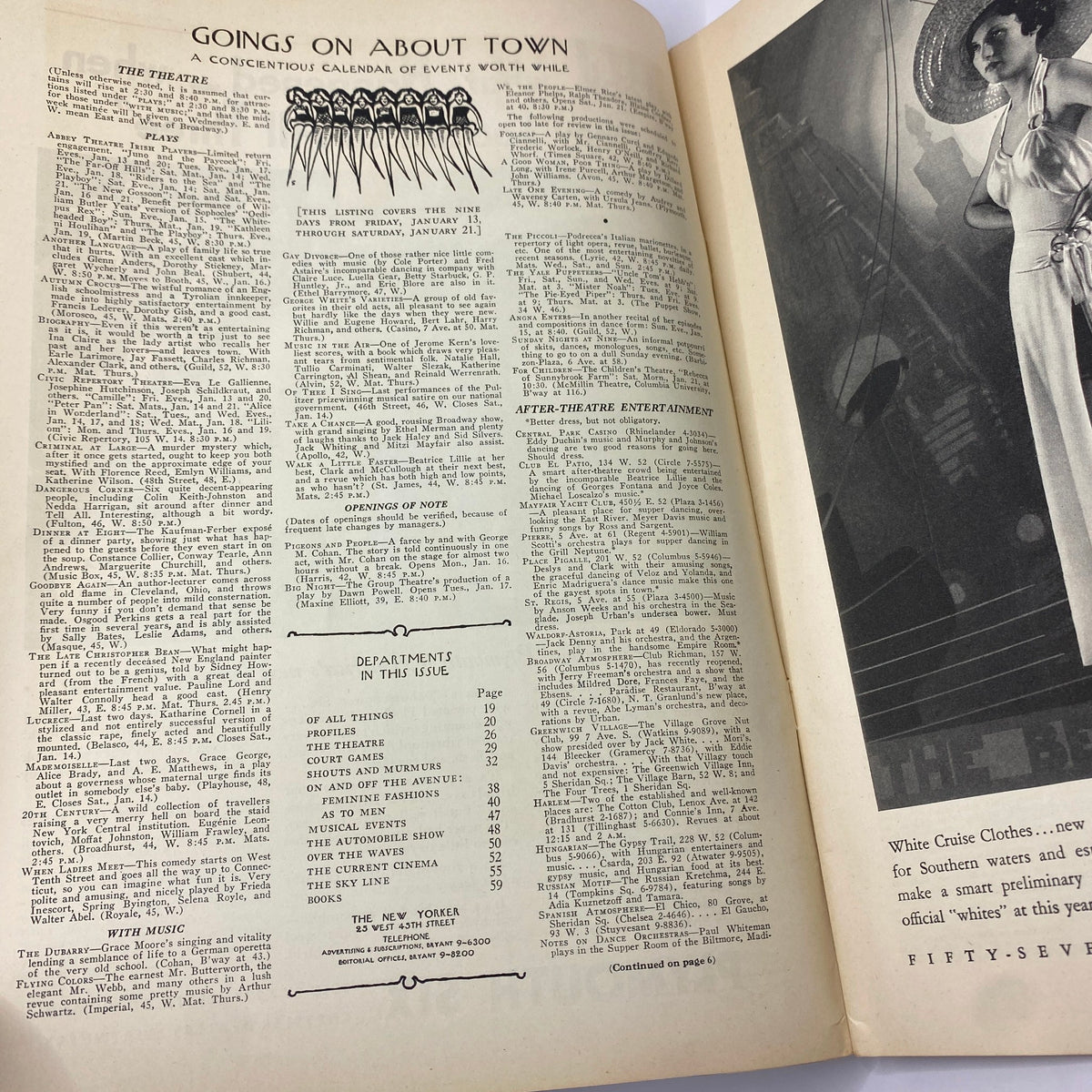 Inside spread of The New Yorker magazine dated January 14, 1933, featuring the 'Goings on About Town' section, showcasing a calendar of events with text content and information beside a photo.