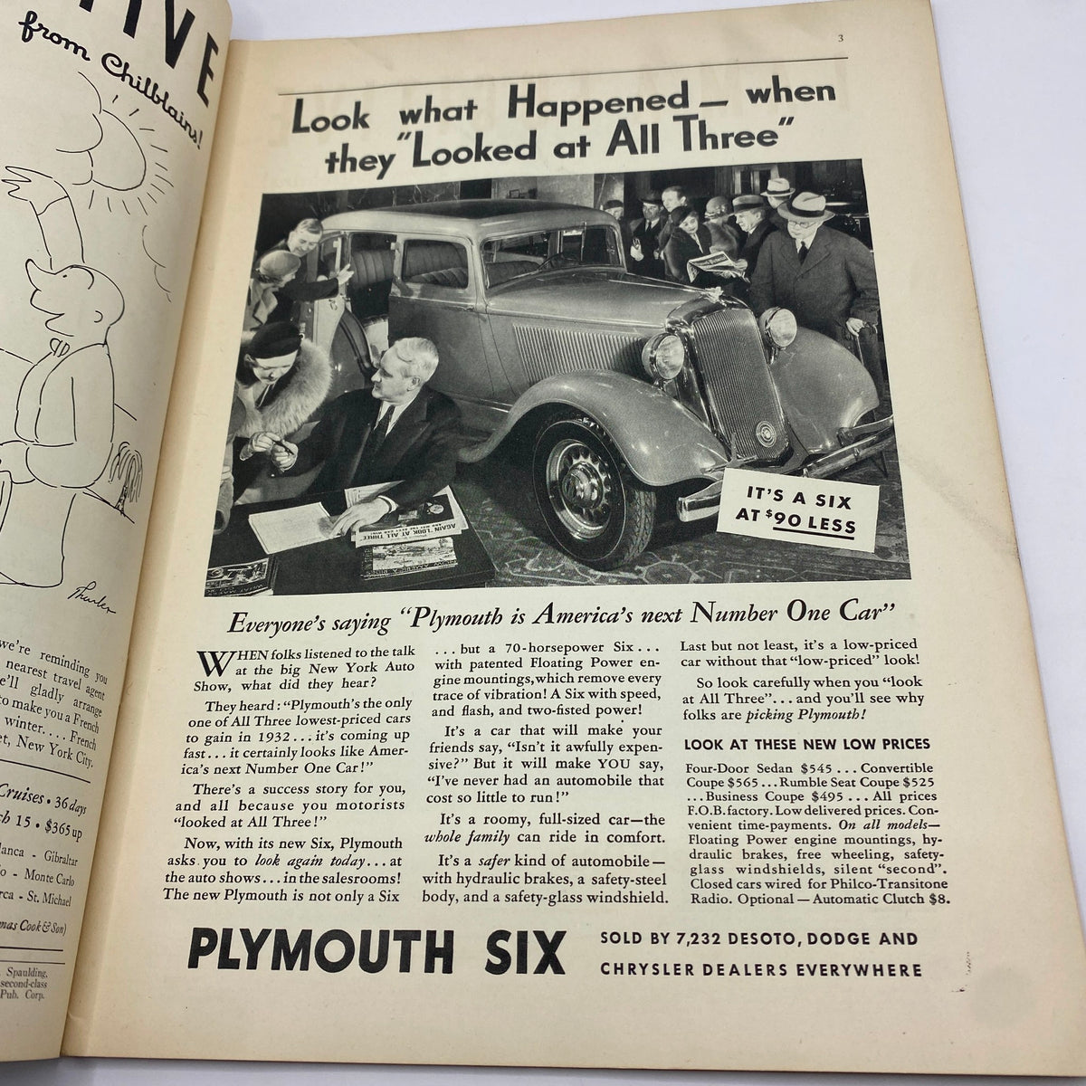 Inside advertisement from The New Yorker magazine January 14, 1933, promoting the Plymouth Six car with a vintage scene of a car show, highlighting its features and prices.