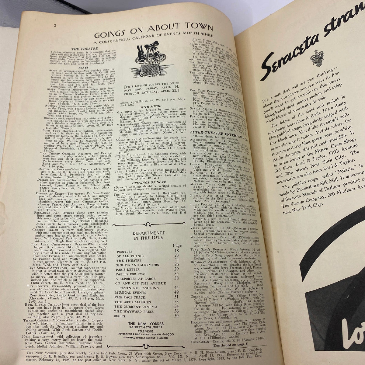 Inside page of The New Yorker Complete Magazine April 15, 1933 featuring a calendar of events and contents listing.
