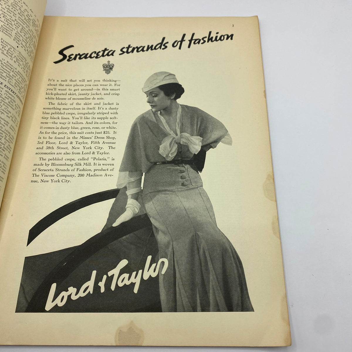 Vintage advertisement from The New Yorker magazine featuring a fashionable model in a stylish outfit, titled 'Seraceta strands of fashion', promoting Lord & Taylor. From The New Yorker Complete Magazine April 15, 1933, with a cover by William Steig.
