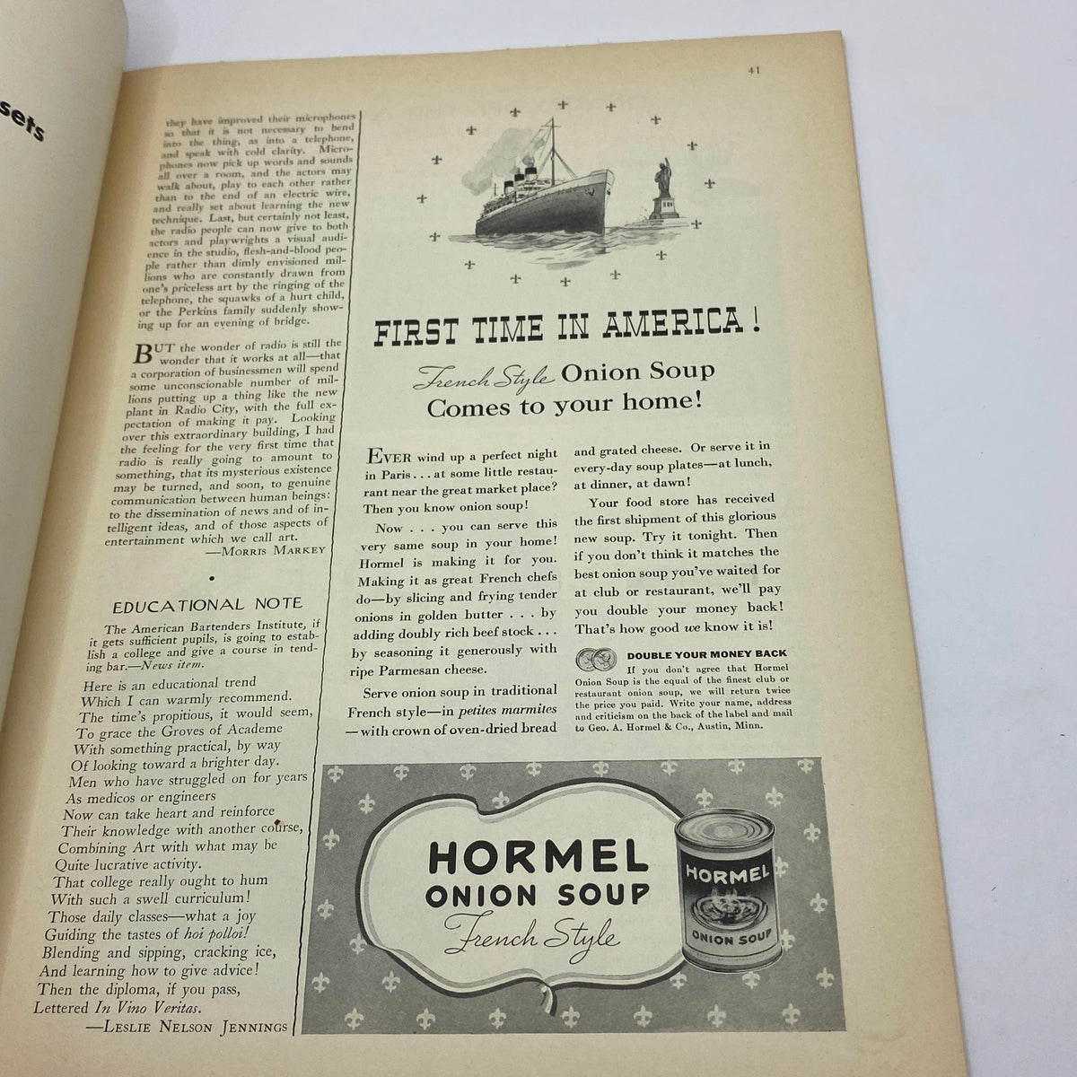 Advertisement page in The New Yorker Complete Magazine November 4, 1933 featuring promotion for Hormel Onion Soup, illustrating vintage marketing style and period advertising trends.