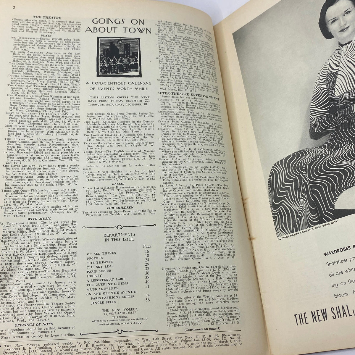 Interior page of The New Yorker Complete Magazine December 23, 1933 showcasing the 'Goings On About Town' section and event listings.