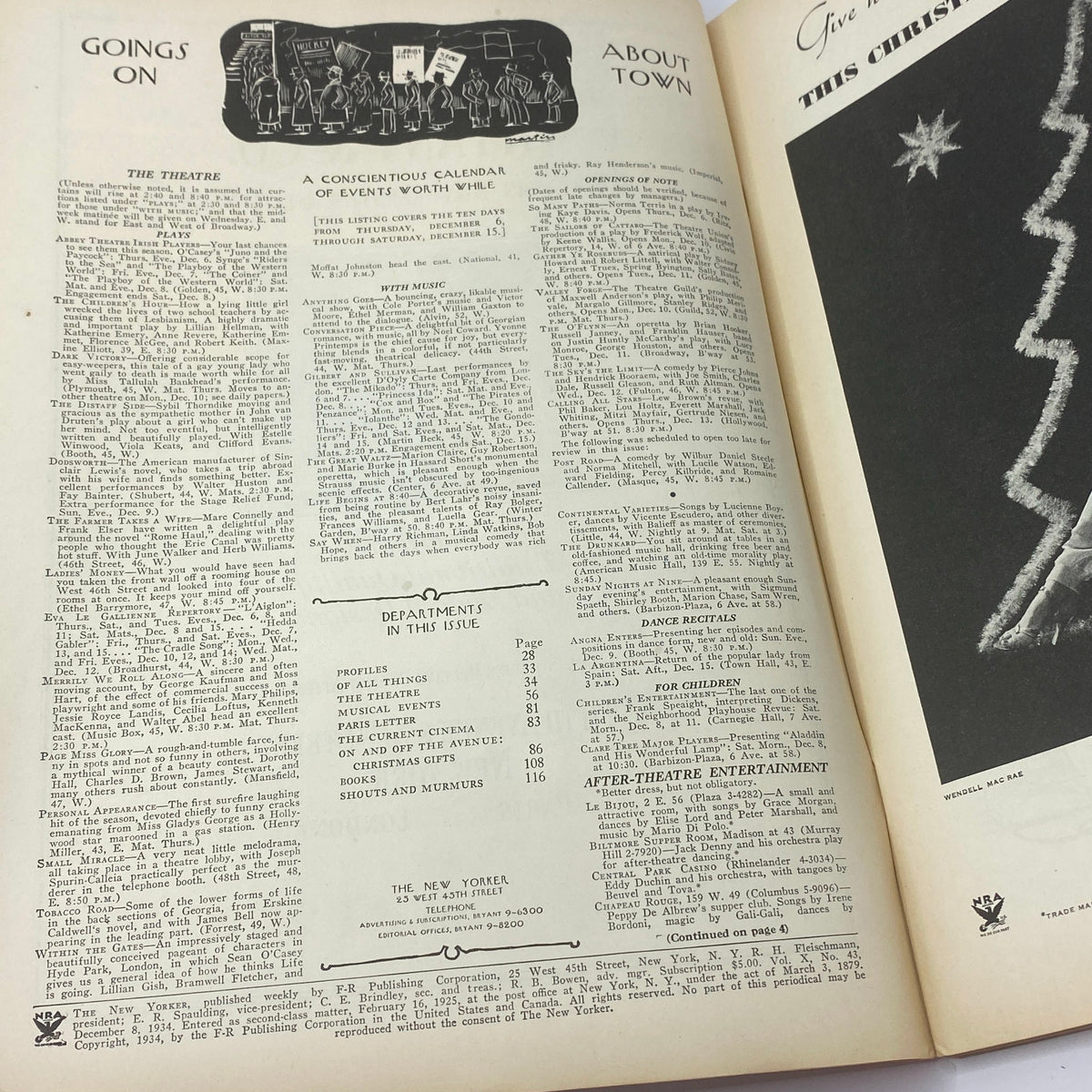 Inside page of The New Yorker magazine from December 8, 1934, featuring a calendar of events and theatre listings, showcasing cultural insights from the era.