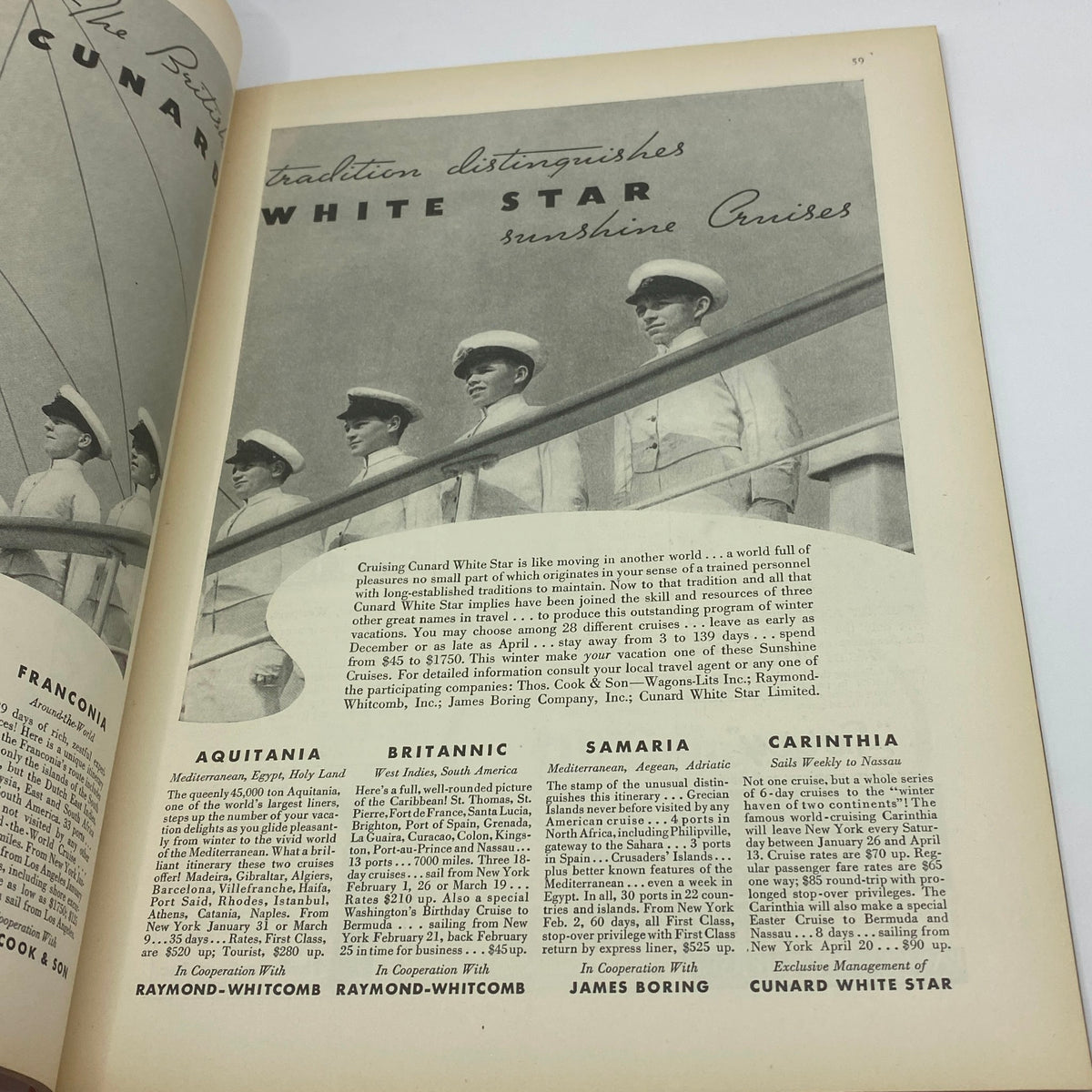 Advertisement for Cunard White Star cruises on an inside page of The New Yorker magazine from December 8, 1934, highlighting luxury travel options.