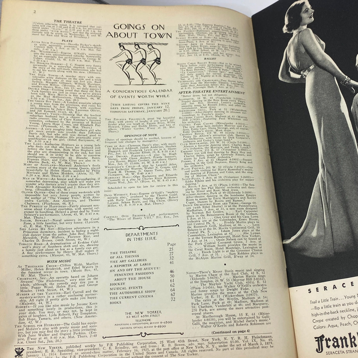 Page featuring events and entertainment listings from The New Yorker Complete Magazine January 13, 1934, showcasing cultural happenings in 1930s America.