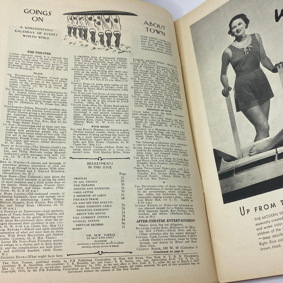 Interior pages from The New Yorker complete magazine May 12, 1934, showcasing 'Goings On' and 'About Town' sections, presenting cultural events and activities during the 1930s.