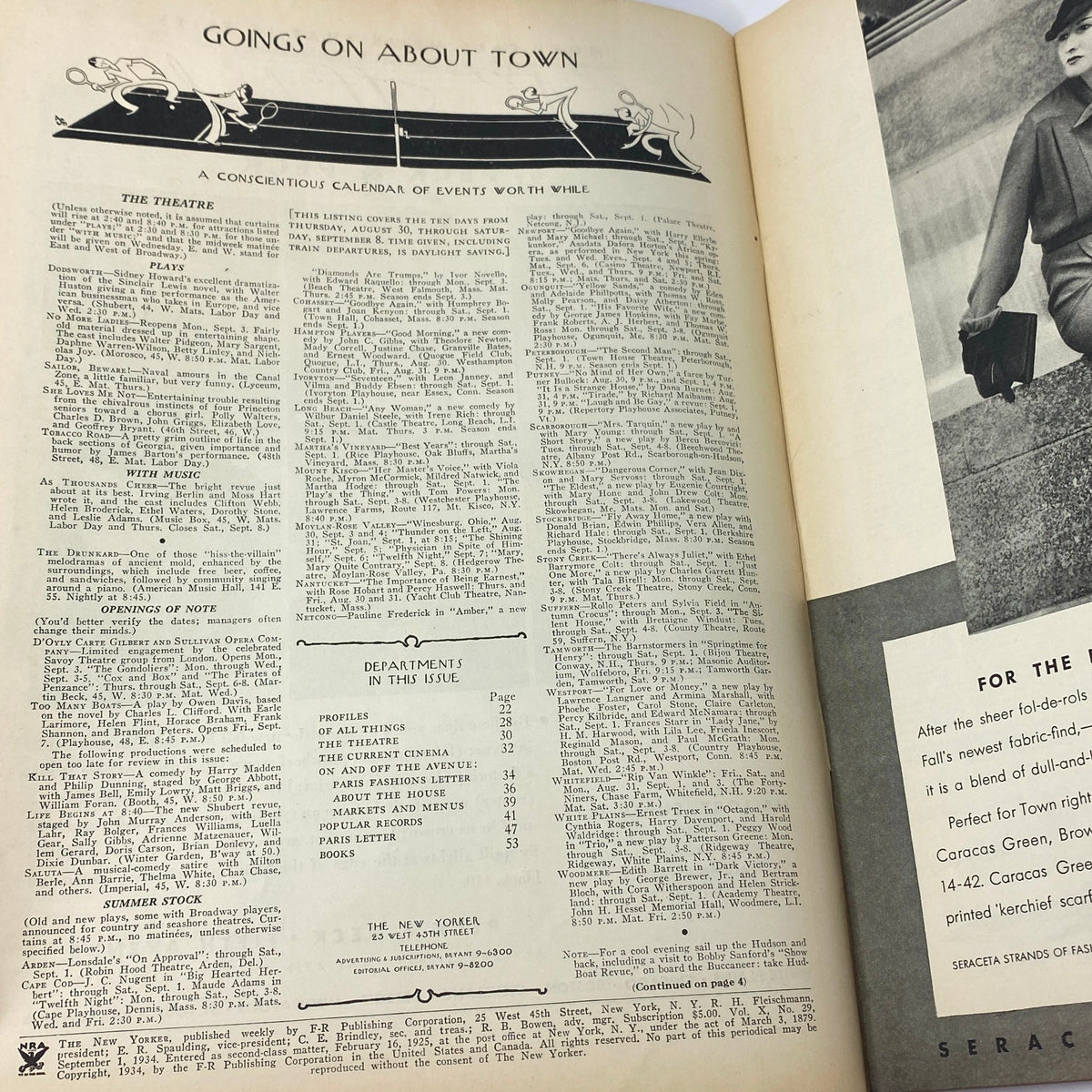 Inside page of The New Yorker Complete Magazine September 1, 1934 featuring a calendar of events and cultural articles reflective of 1930s New York.