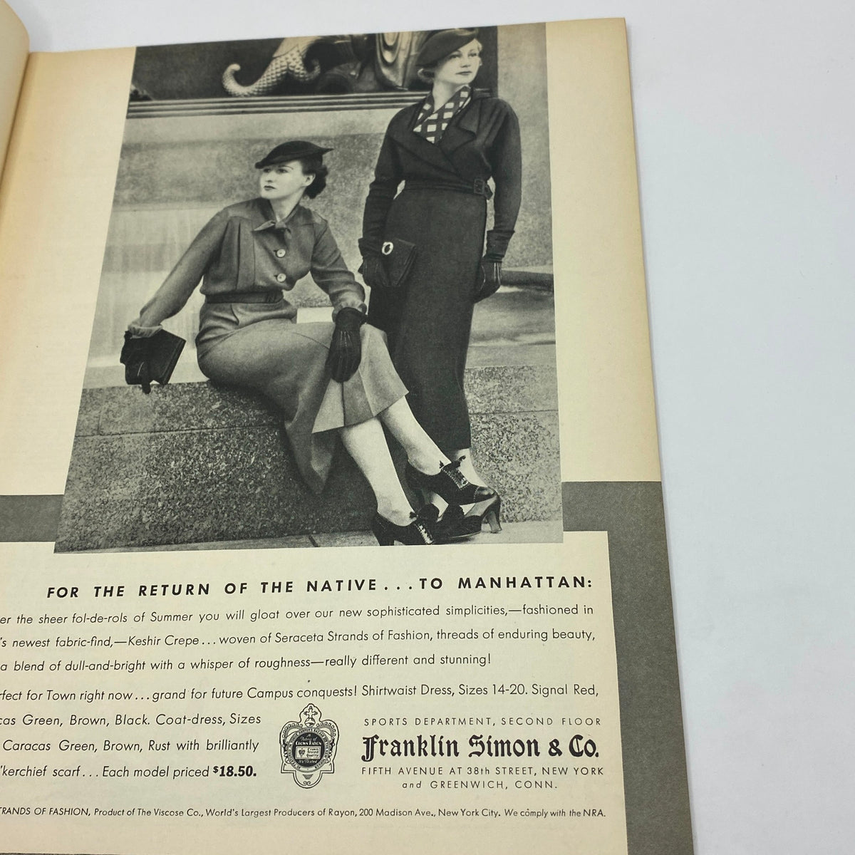Fashion advertisement from The New Yorker Complete Magazine September 1, 1934 showcasing stylish outfits for women, highlighting the sophistication of the era.