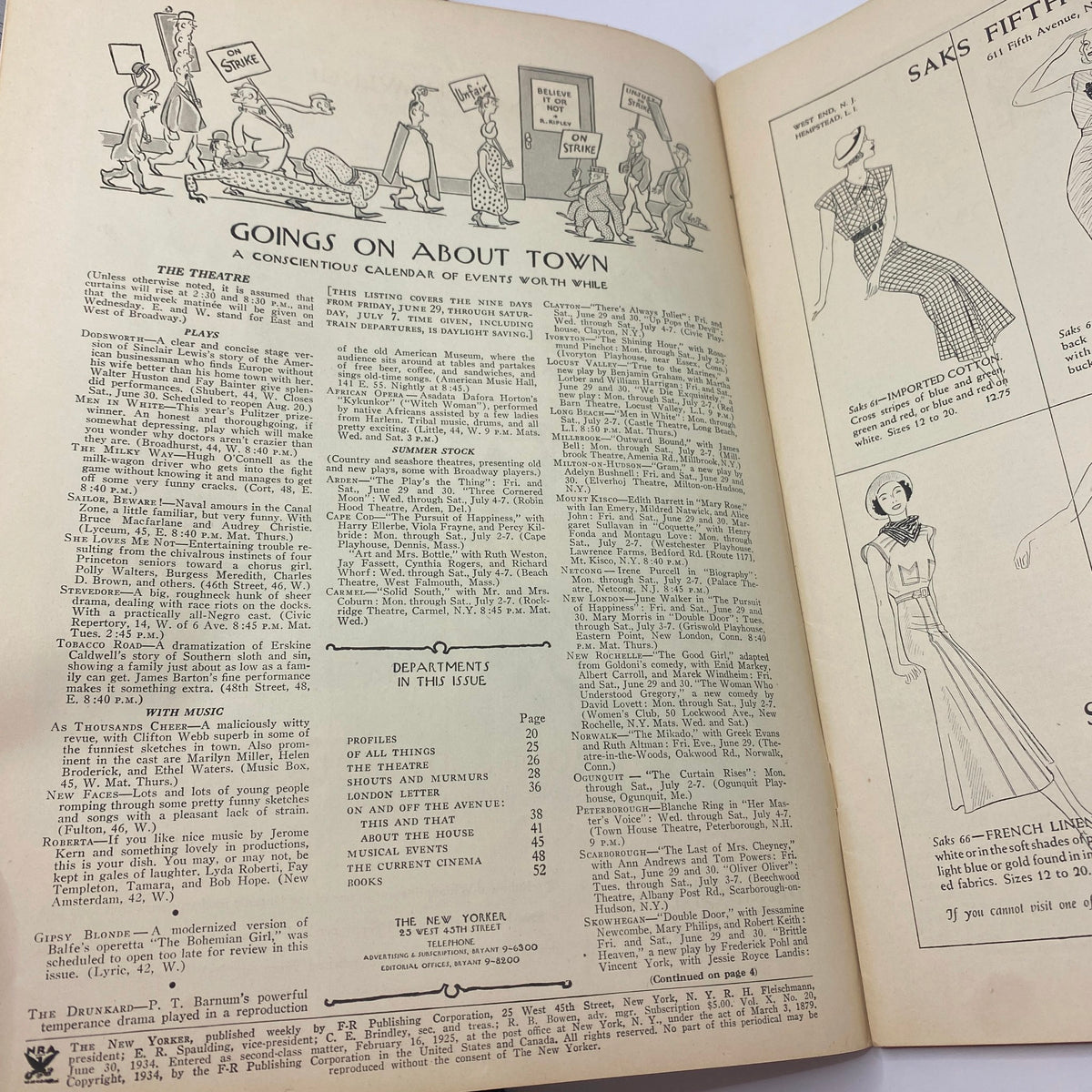 Inside page of The New Yorker Complete Magazine June 30, 1934 featuring a column titled 'Goings On About Town' and a list of cultural events. The page showcases vintage journalism and includes whimsical cartoons.