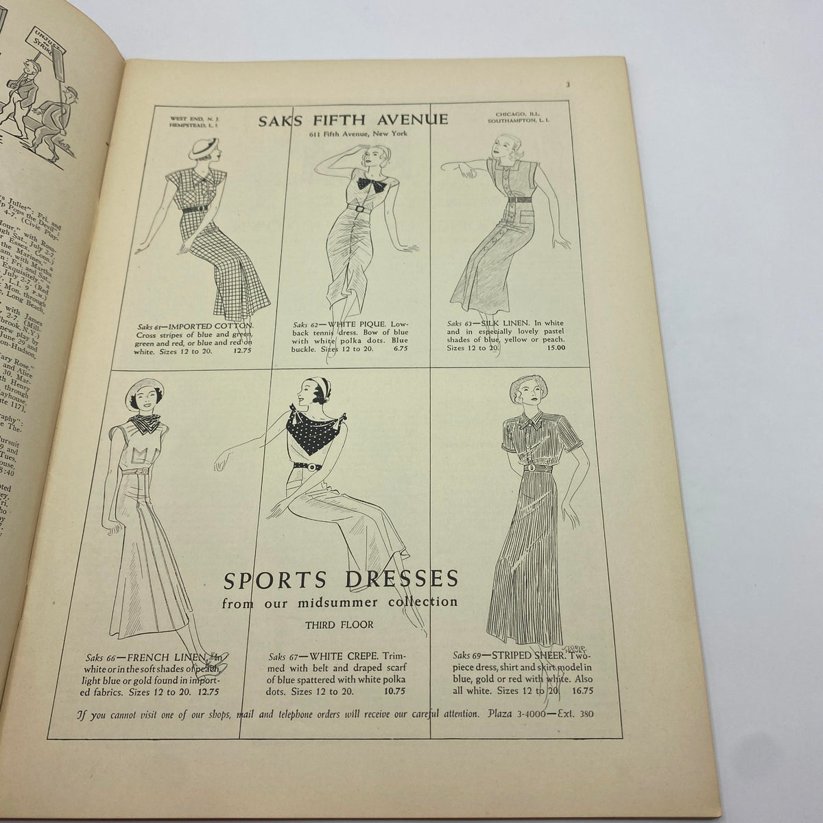 Advertisement page from The New Yorker Complete Magazine June 30, 1934 by Saks Fifth Avenue, showcasing a collection of sports dresses with elegant illustrations and prices.