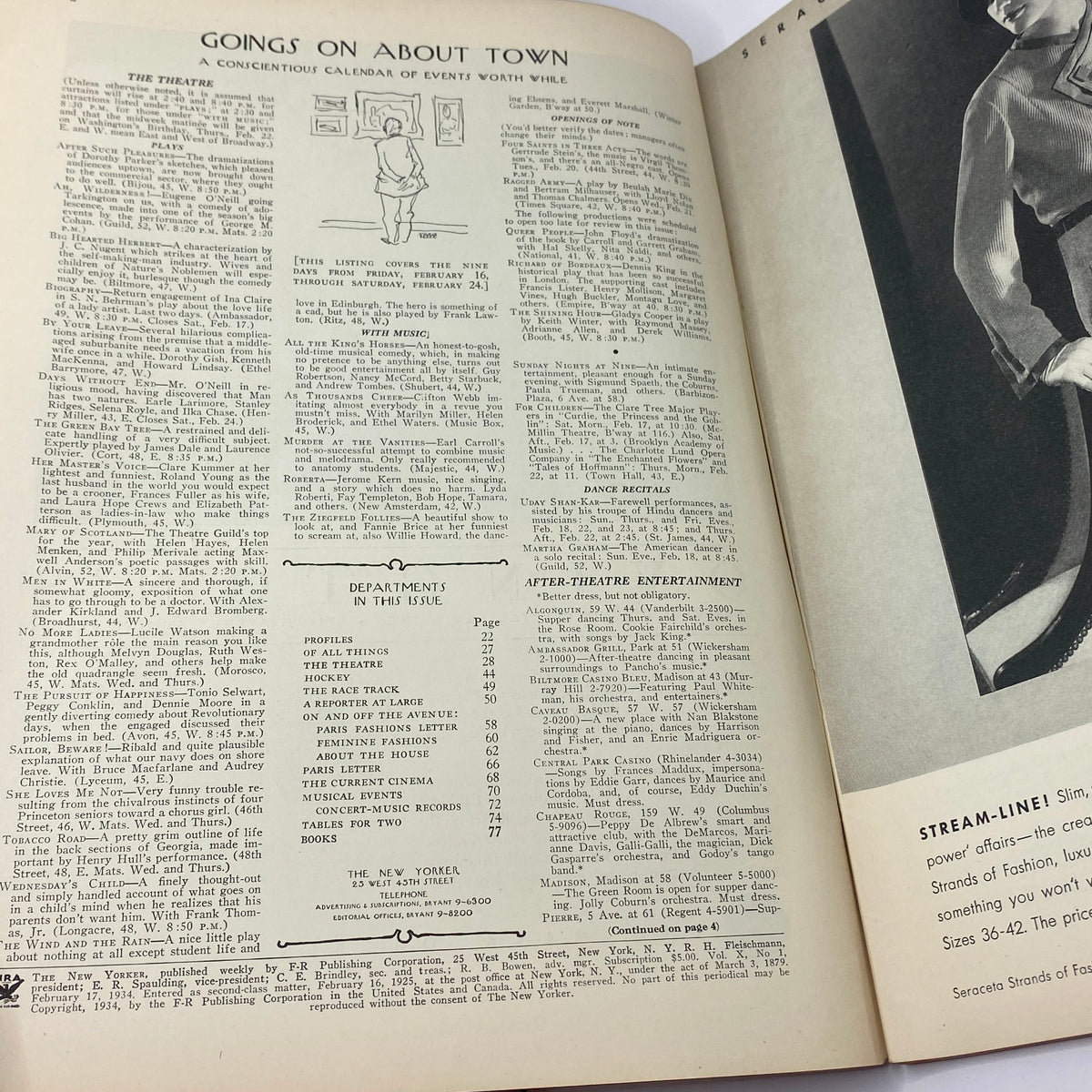 Inside view of The New Yorker magazine from February 17, 1934, featuring the 'Goings on About Town' section, highlighting events and entertainment in New York City, complementing the Rea Irvin cover.