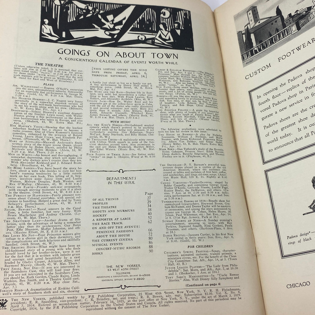 Inside page of The New Yorker Complete Magazine, April 7, 1934, featuring 'Goings On About Town,' a section highlighting events, plays, and activities in New York City during that time. This historical page showcases the magazine's distinct typography and layout.